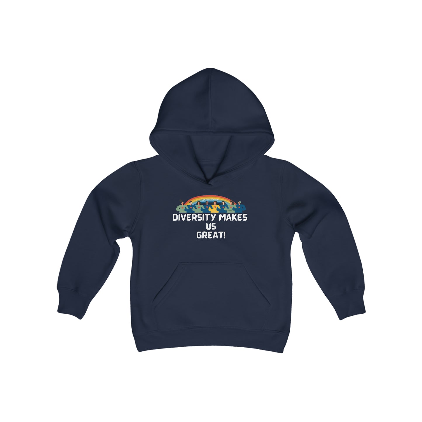 A blue hoodie with white text, featuring a kangaroo pocket and twill taping. Made of soft, preshrunk fleece (50% cotton, 50% polyester). Ideal for printing.