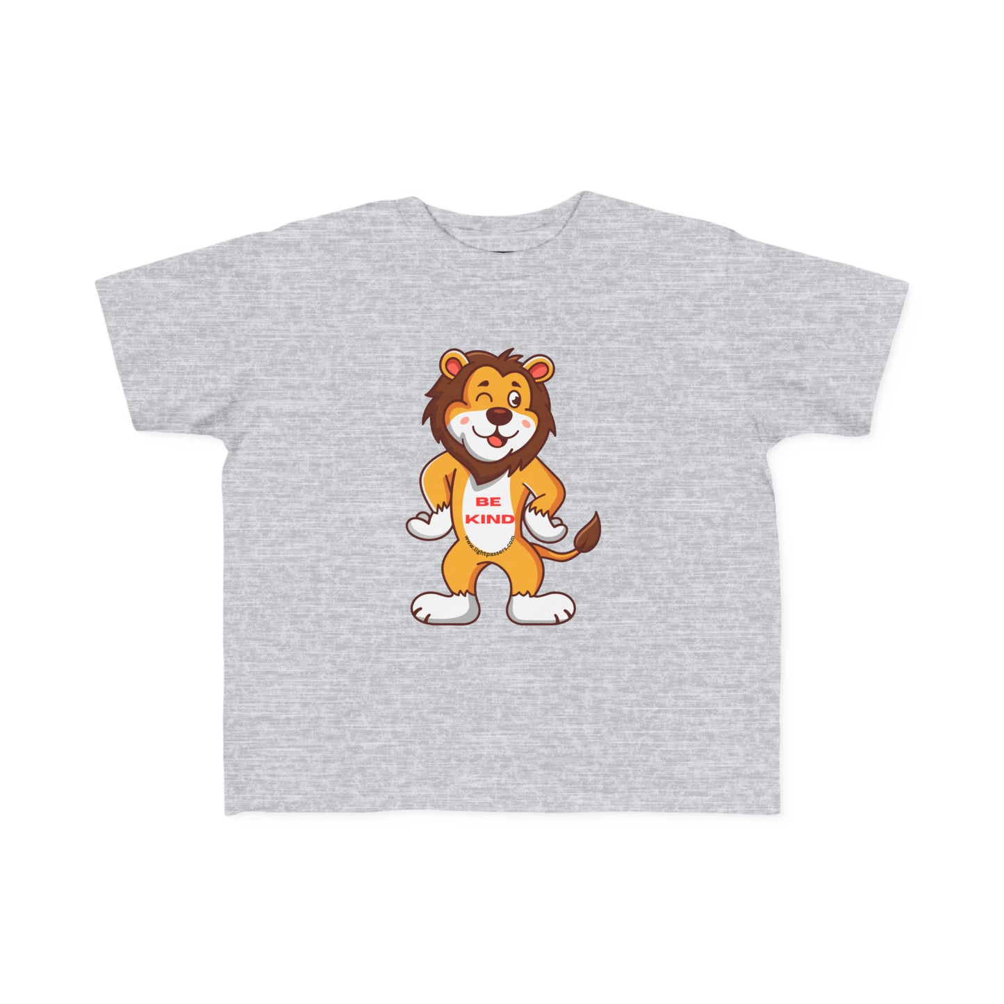 A toddler's tee featuring a cartoon lion with a smile, perfect for sensitive skin. 100% combed cotton, durable print, tear-away label, classic fit.