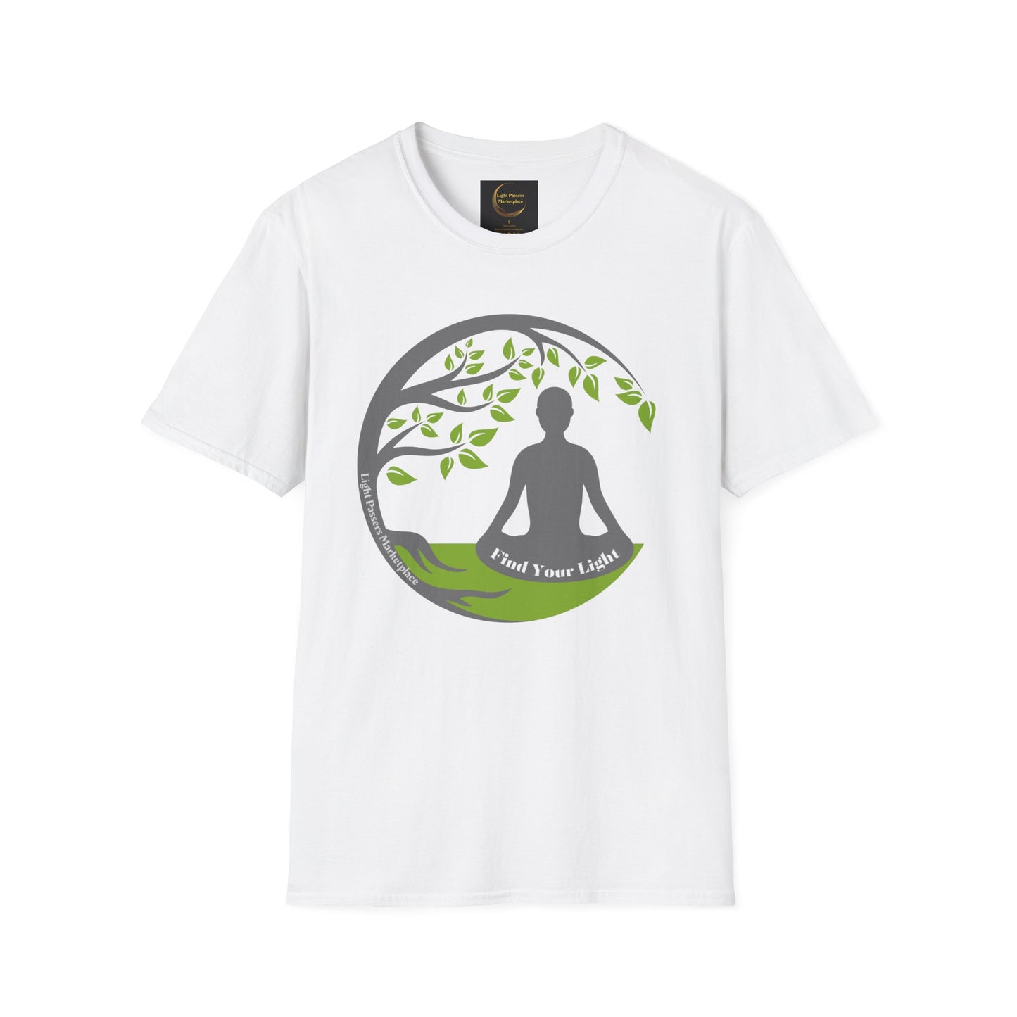 A white unisex t-shirt featuring a logo of a person meditating under a tree. Made of soft 100% ring-spun cotton, with twill tape shoulders for durability and a ribbed collar. Ethically sourced and Oeko-Tex certified.