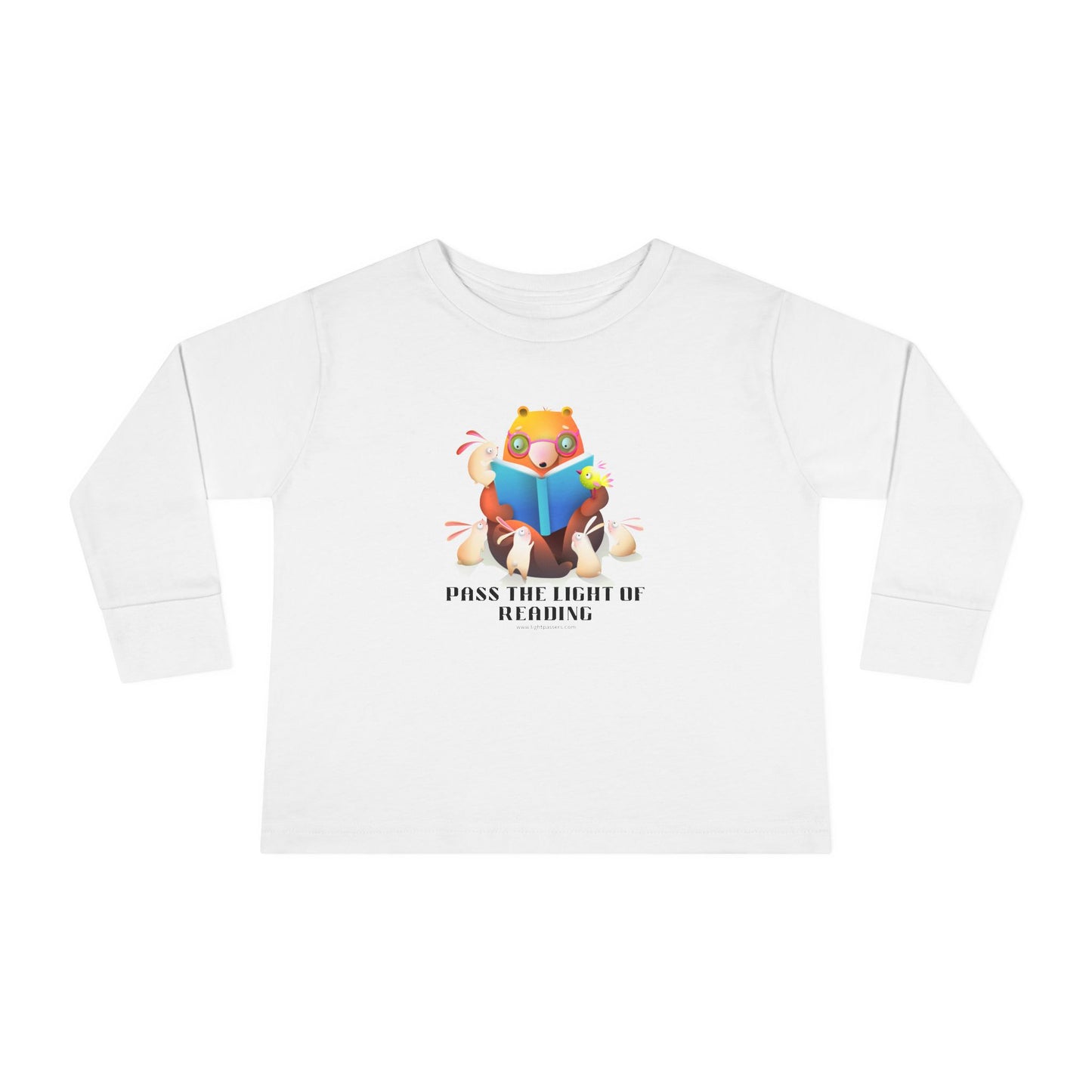 Toddler Long Sleeve Pass the Light of Reading shirt featuring a cartoon bear and bunnies reading a book, crafted from durable, soft cotton for comfort.