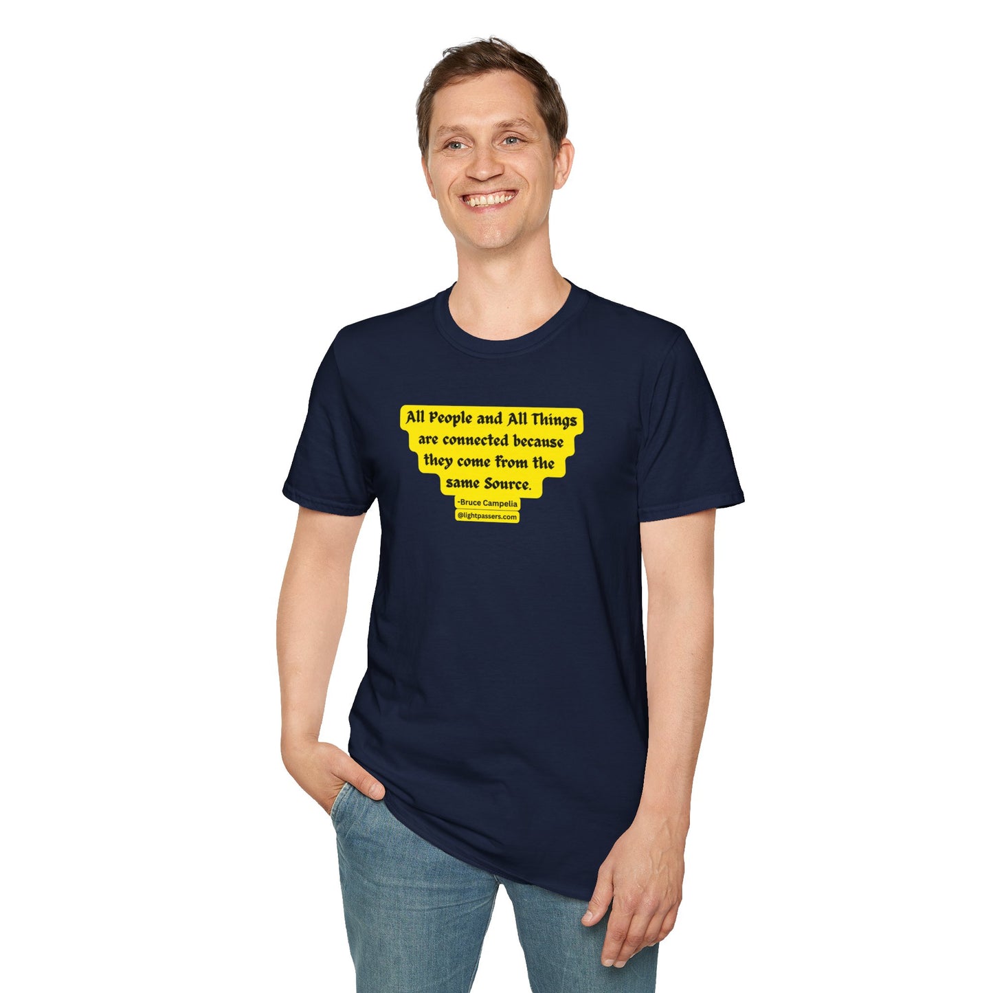 A smiling man in a blue shirt with yellow text, showcasing the All People are Connected design Unisex T-shirt. Casual, comfortable, 100% cotton tee with no side seams for a seamless look.