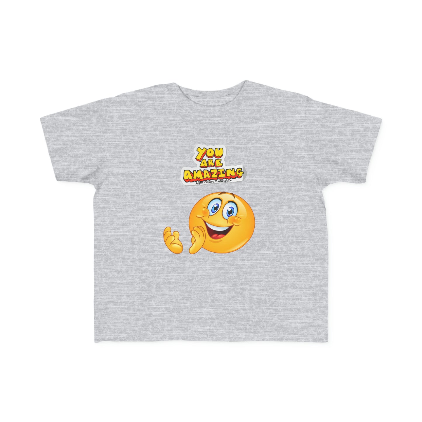 Toddler t-shirt featuring a cartoon smiley face design, made of soft 100% combed cotton. Durable print, light fabric, tear-away label, classic fit, true to size.