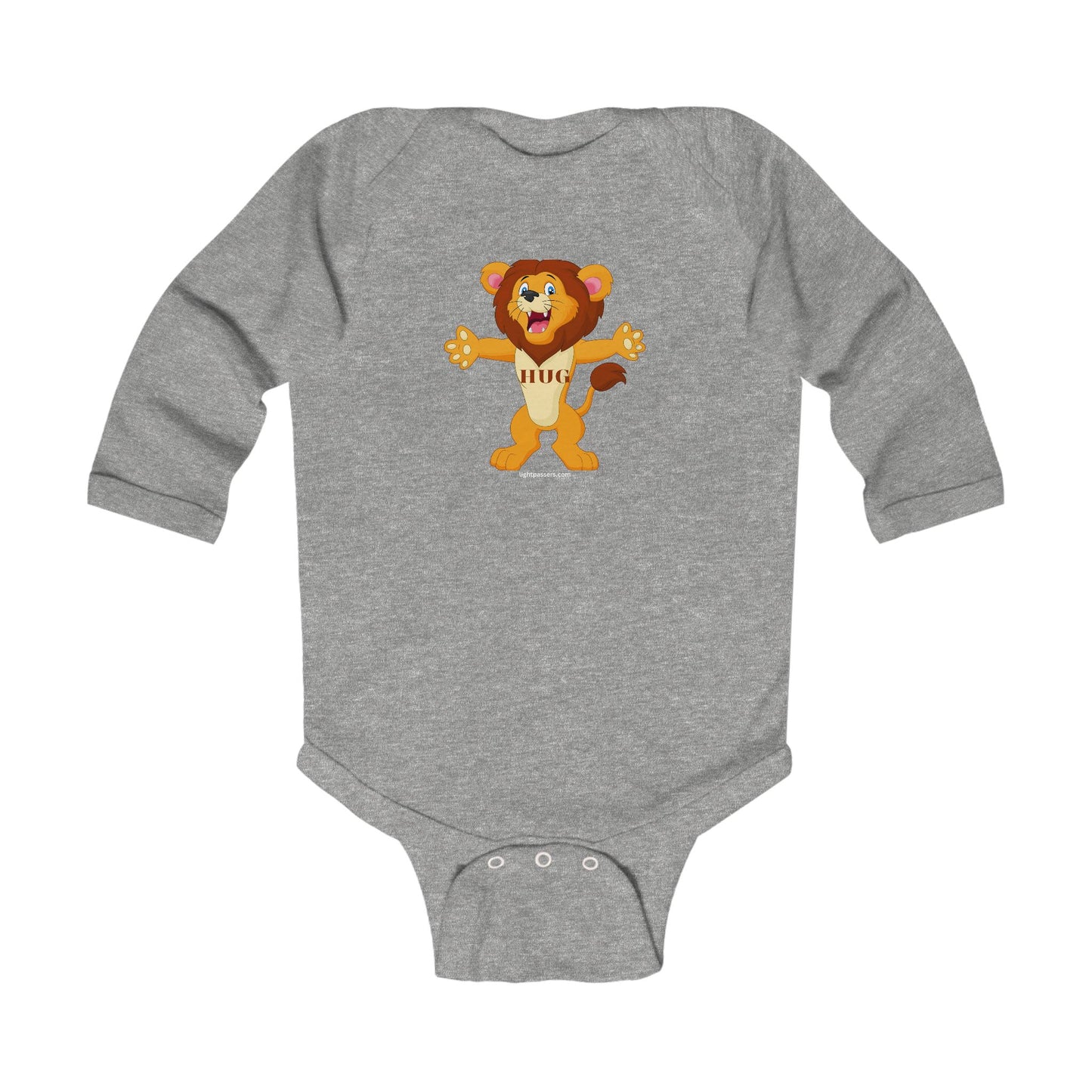 Lion Hug Baby Infant Long Sleeve Onesie Bodysuit featuring a cartoon lion with outstretched arms, designed for comfort with durable ribbed knit bindings and easy-change snaps.