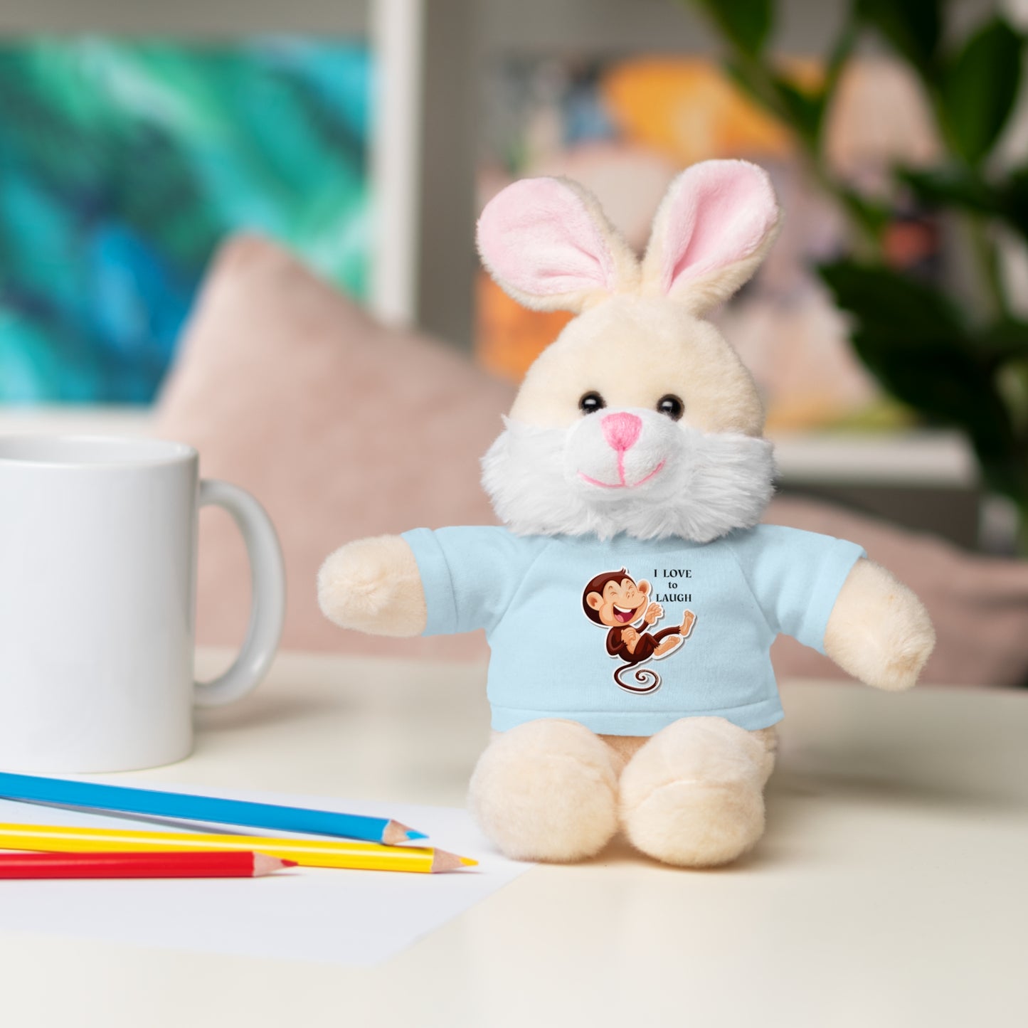 Cool Stuff Stuffies 6 Animals I Love to Laugh Monkey plush toy with removable T-shirt, featuring a cartoon monkey laughing design, perfect for play and snuggling.