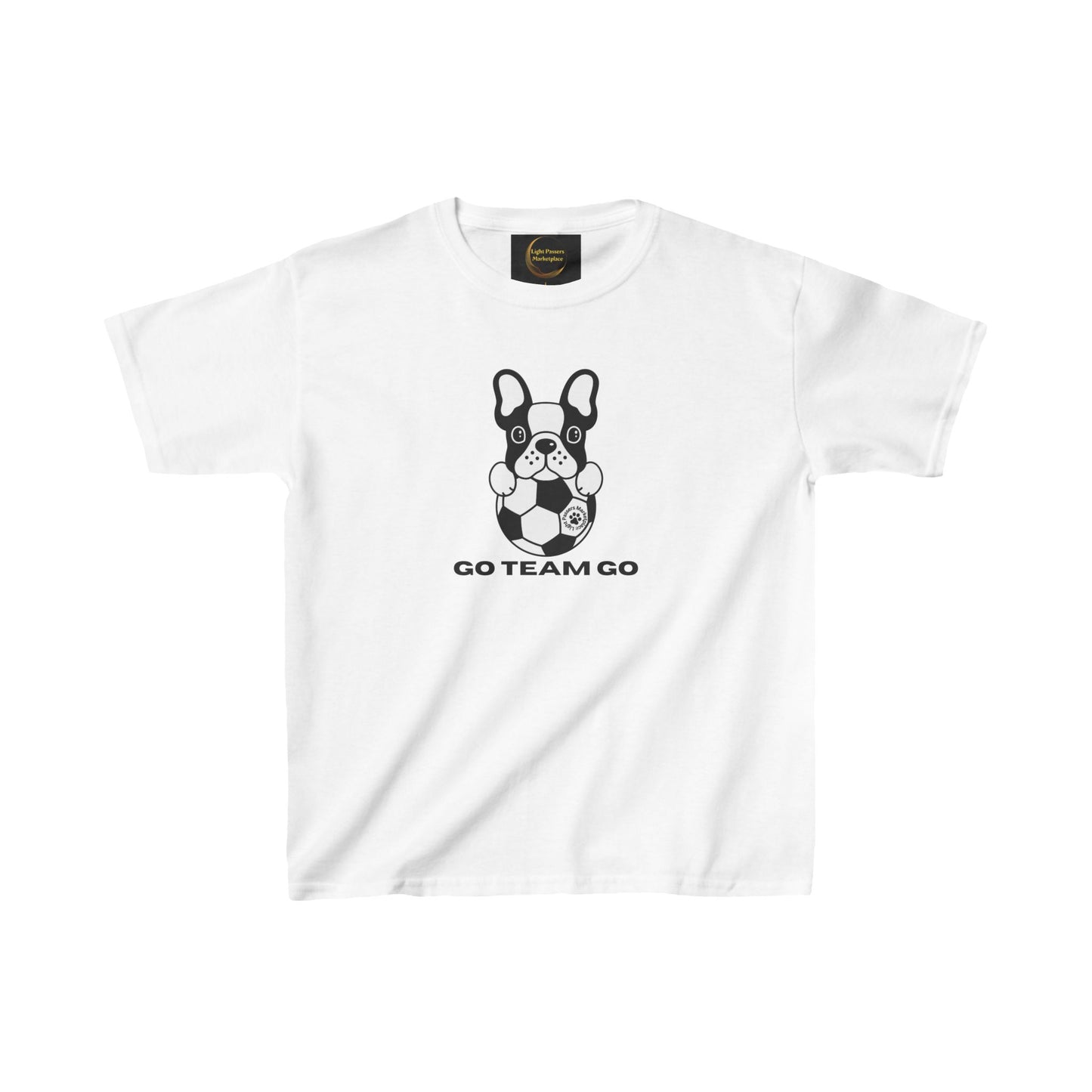 Soccer Dog Go Team Go Youth T-shirt featuring a black and white dog with a soccer ball, ideal for young soccer fans.