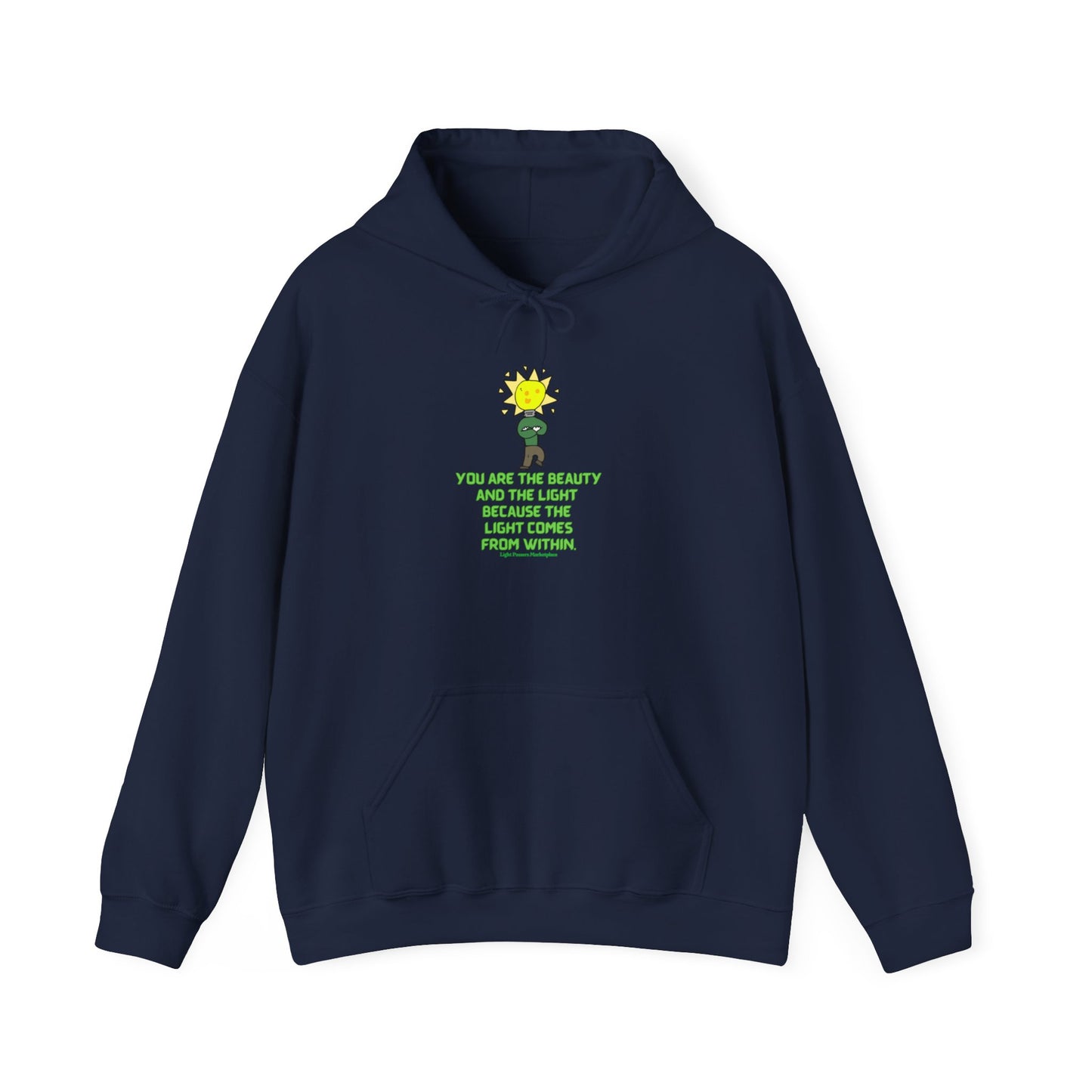 The Light You are the Beauty Flower Adult Unisex Hoodie featuring a cartoon character holding a light bulb and a yellow flower design.
