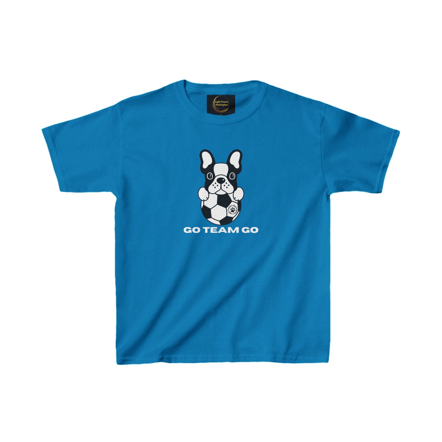 Teams Soccer Dog Go Team Go Youth T-shirt featuring a dog with a soccer ball, ideal for young soccer fans. Made of 100% US cotton, classic fit.