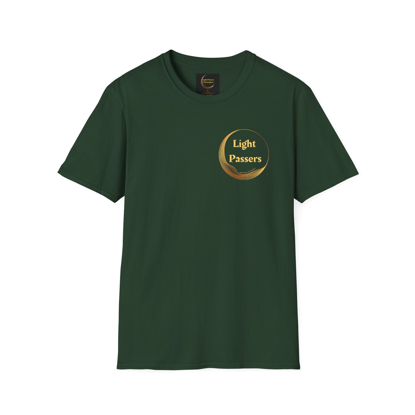 Unisex T-shirt featuring Light Passers Logo on green fabric. 100% cotton, no side seams, tape on shoulders for durability. Classic fit, tear-away label, 5.3 oz/yd² fabric.