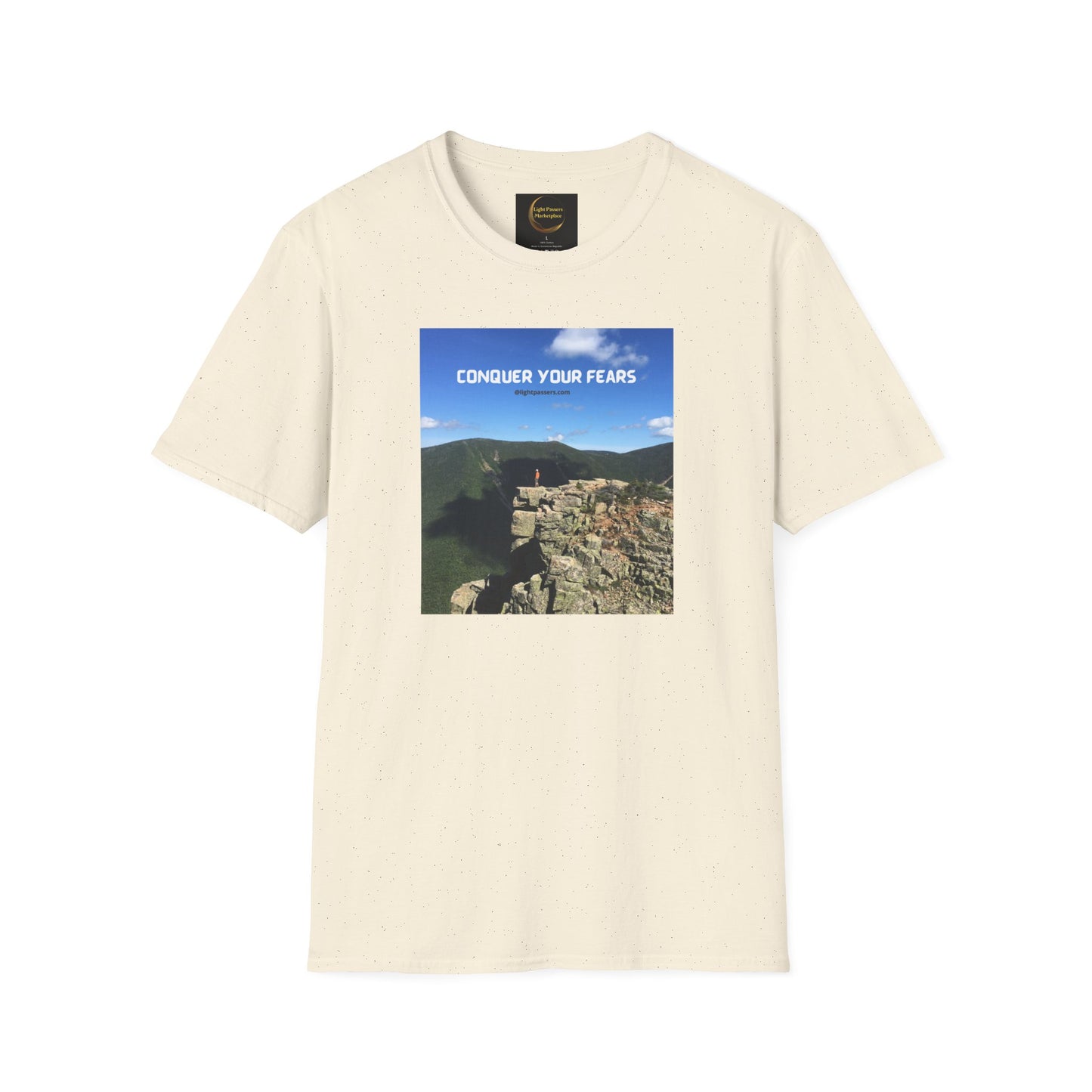 Unisex heavy cotton tee featuring Conquer Your Fears Hiking design. Smooth surface for vivid prints, no side seams, durable tape on shoulders. Classic fit, tear-away label, 100% cotton.