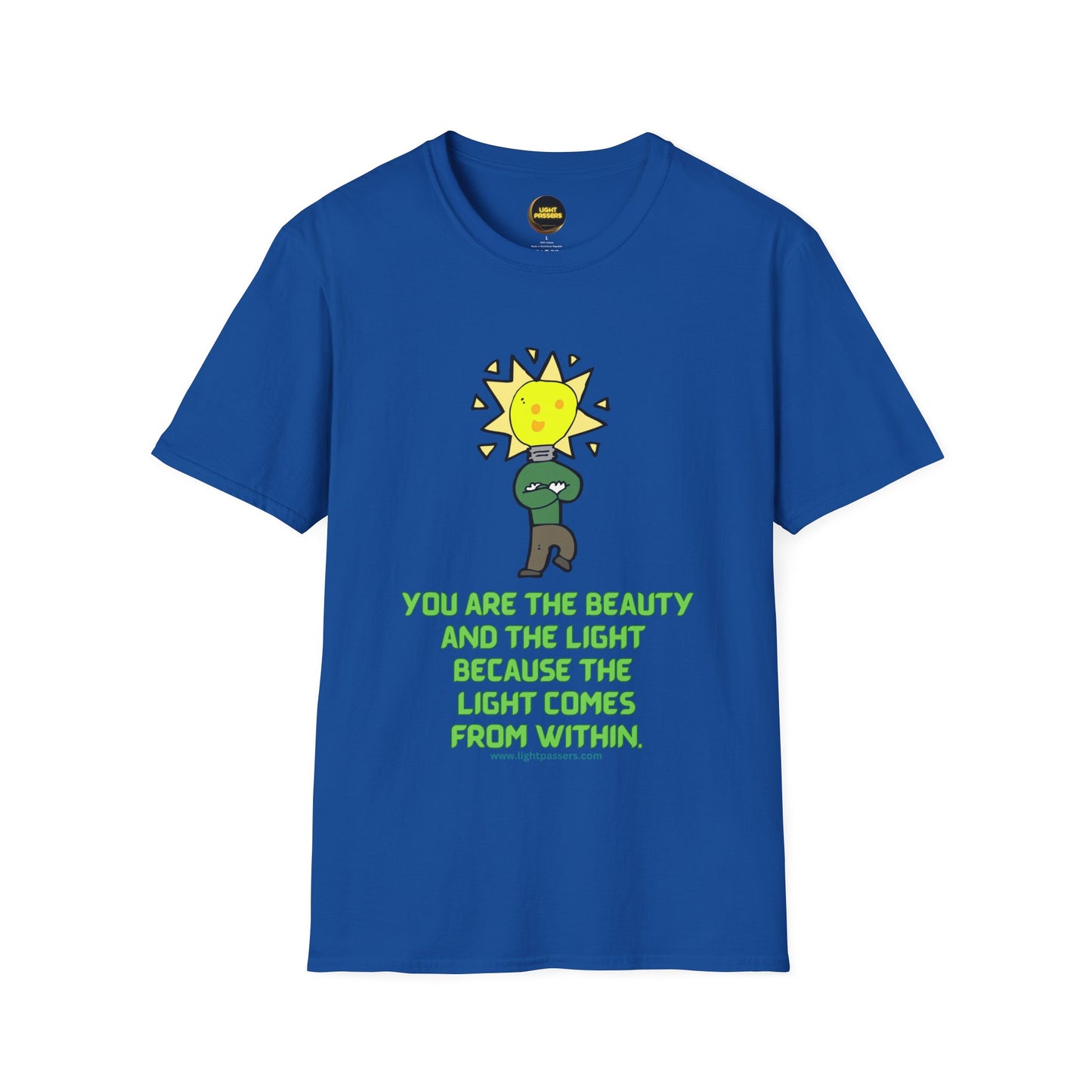 The Light Beauty and The Light Adult Unisex T-Shirt featuring a cartoon light bulb design, symbolizing empowerment and positivity, suitable for casual wear.