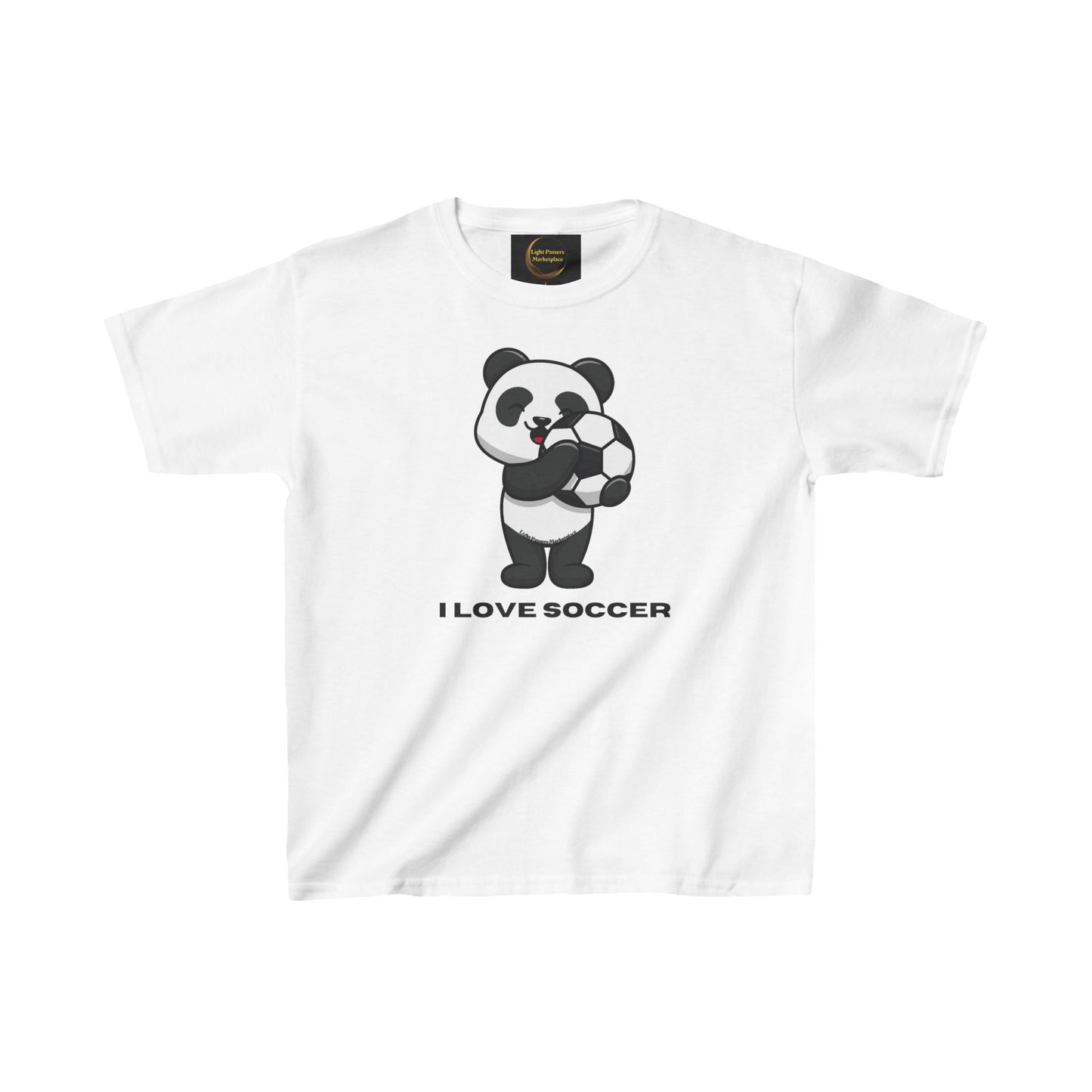 Teams Panda I Love Soccer Youth T-shirt featuring a cartoon panda holding a soccer ball. Made from 100% midweight cotton with a classic fit.