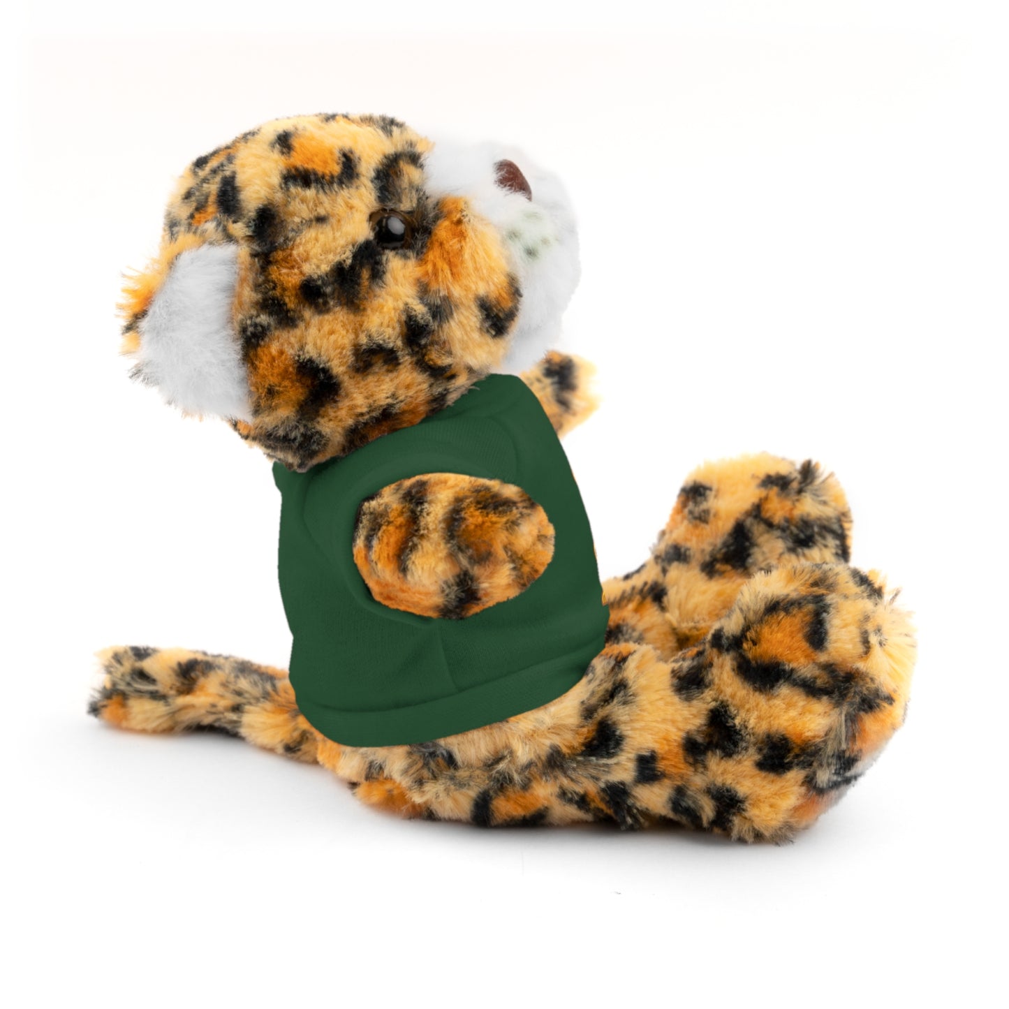 Jaguar Stuffie wearing a green shirt with I am Strong jaguar design, 8 plush toy, perfect for children, promoting strength and resilience.
