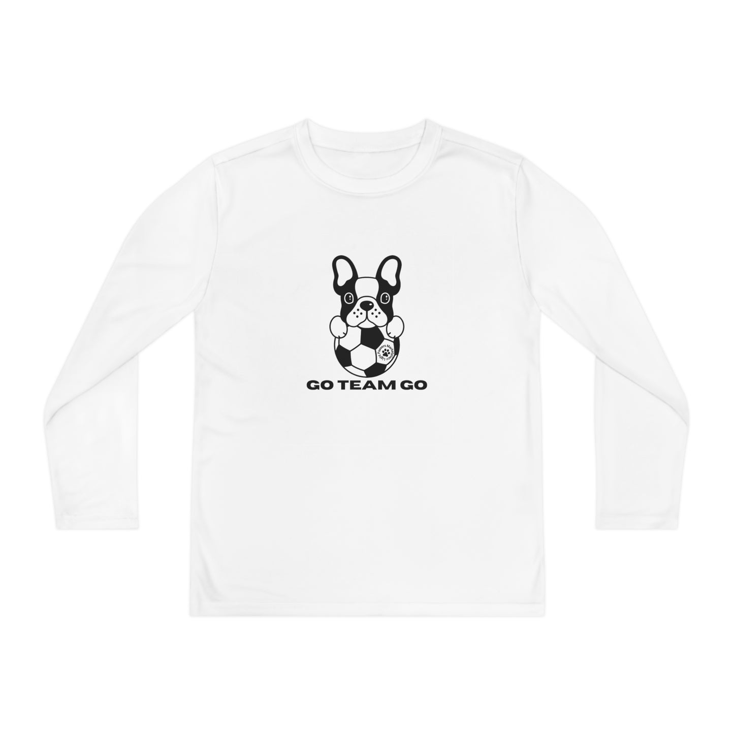 Youth Long Sleeve Soccer Dog Go Team Go featuring a black and white dog with a football, designed on moisture-wicking polyester for young soccer fans.