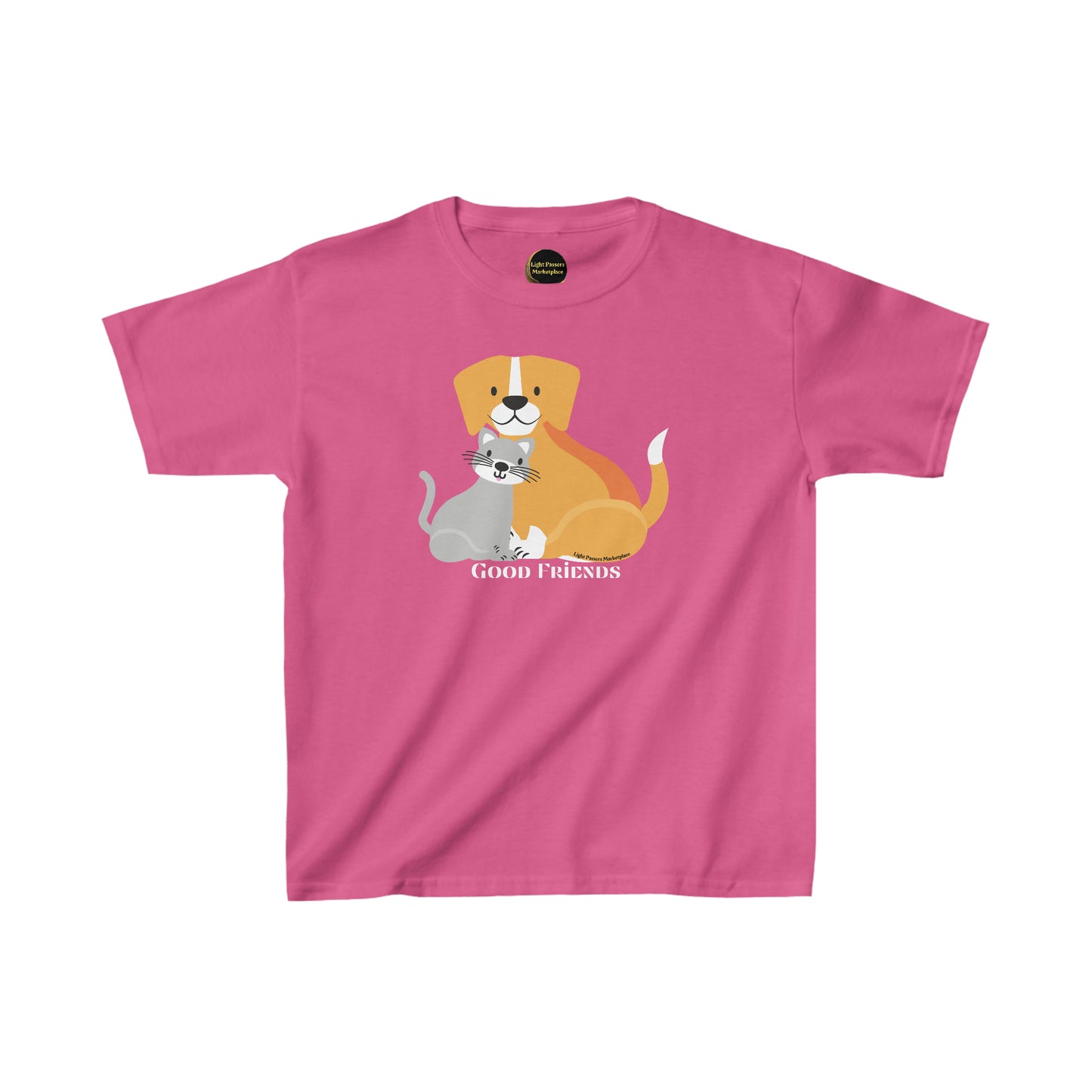 Youth cotton t-shirt featuring a pink shirt with a cartoon cat and dog design. Made of 100% cotton for comfort, with twill tape shoulders for durability and ribbed collar for curl resistance.