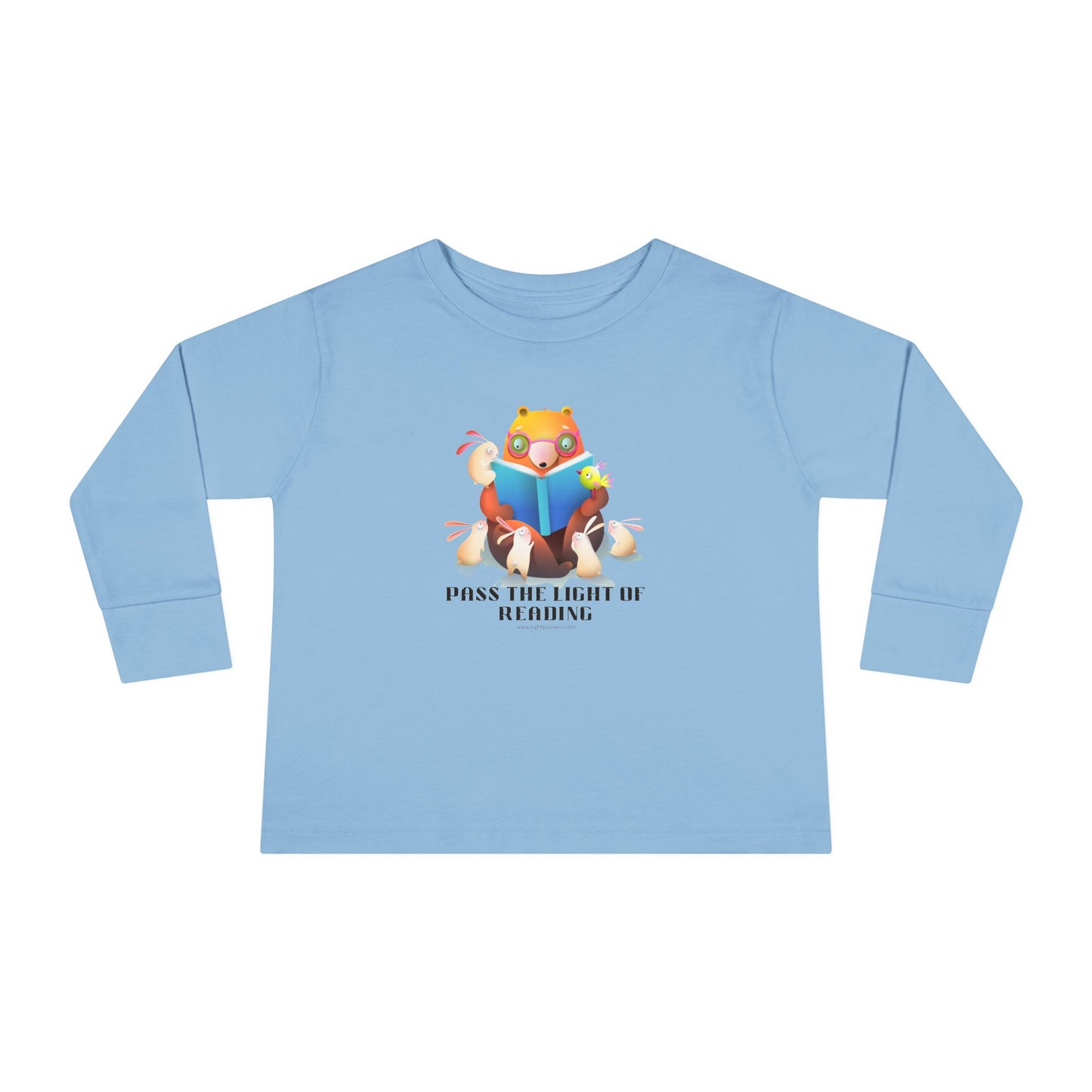 Toddler Long Sleeve Pass the Light of Reading tee featuring a cartoon bear reading with bunnies, crafted from soft cotton for comfort and durability.