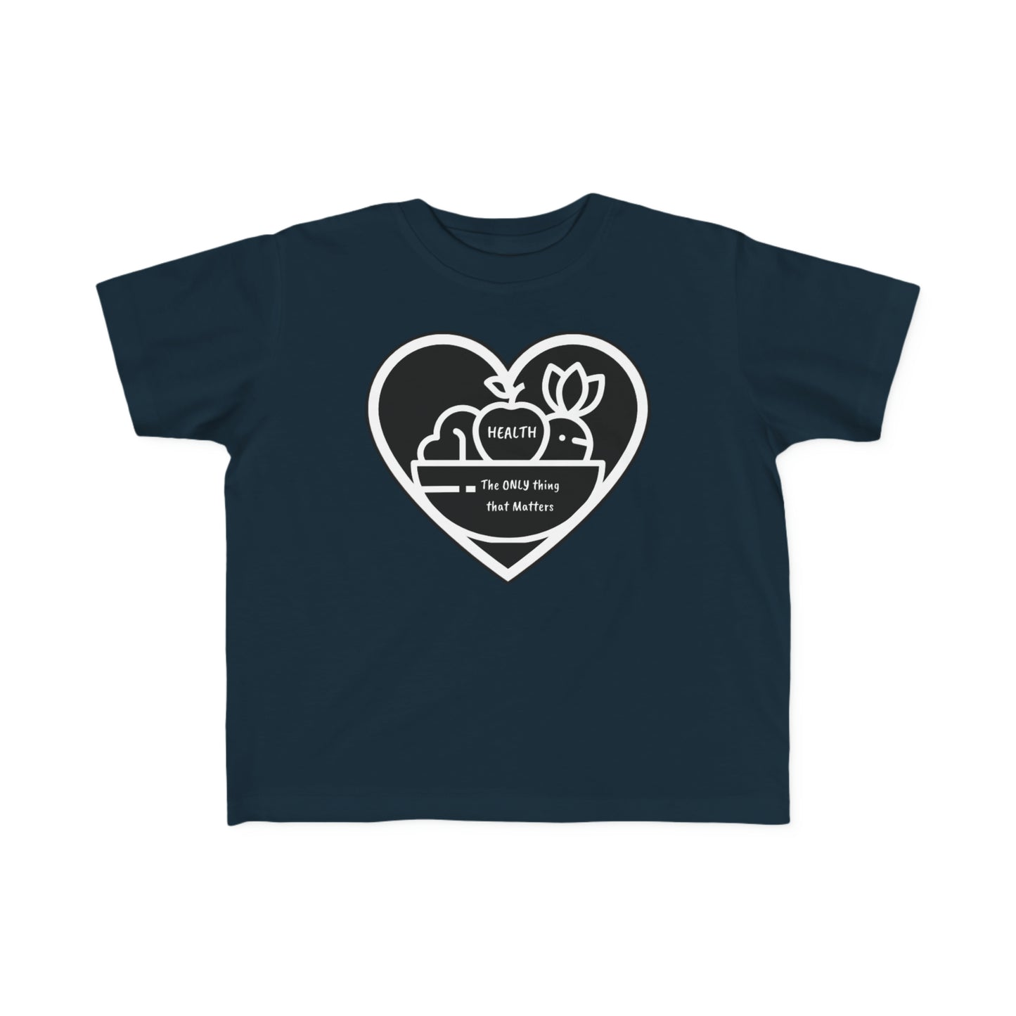 A toddler's Fruit Basket T-shirt with heart and flower designs on blue fabric. Soft, durable 100% combed cotton tee, light and comfy for sensitive skin. Classic fit, tear-away label, true to size.