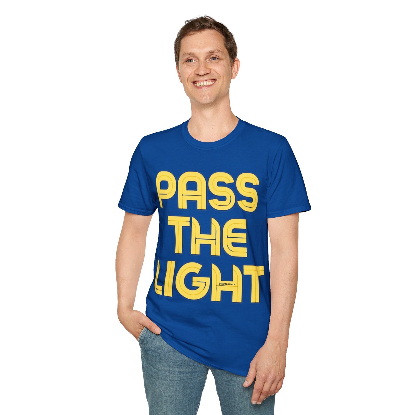 A man in a PASS THE LIGHT unisex T-shirt, featuring yellow text on blue fabric. Classic fit, 100% cotton tee with no side seams for comfort.