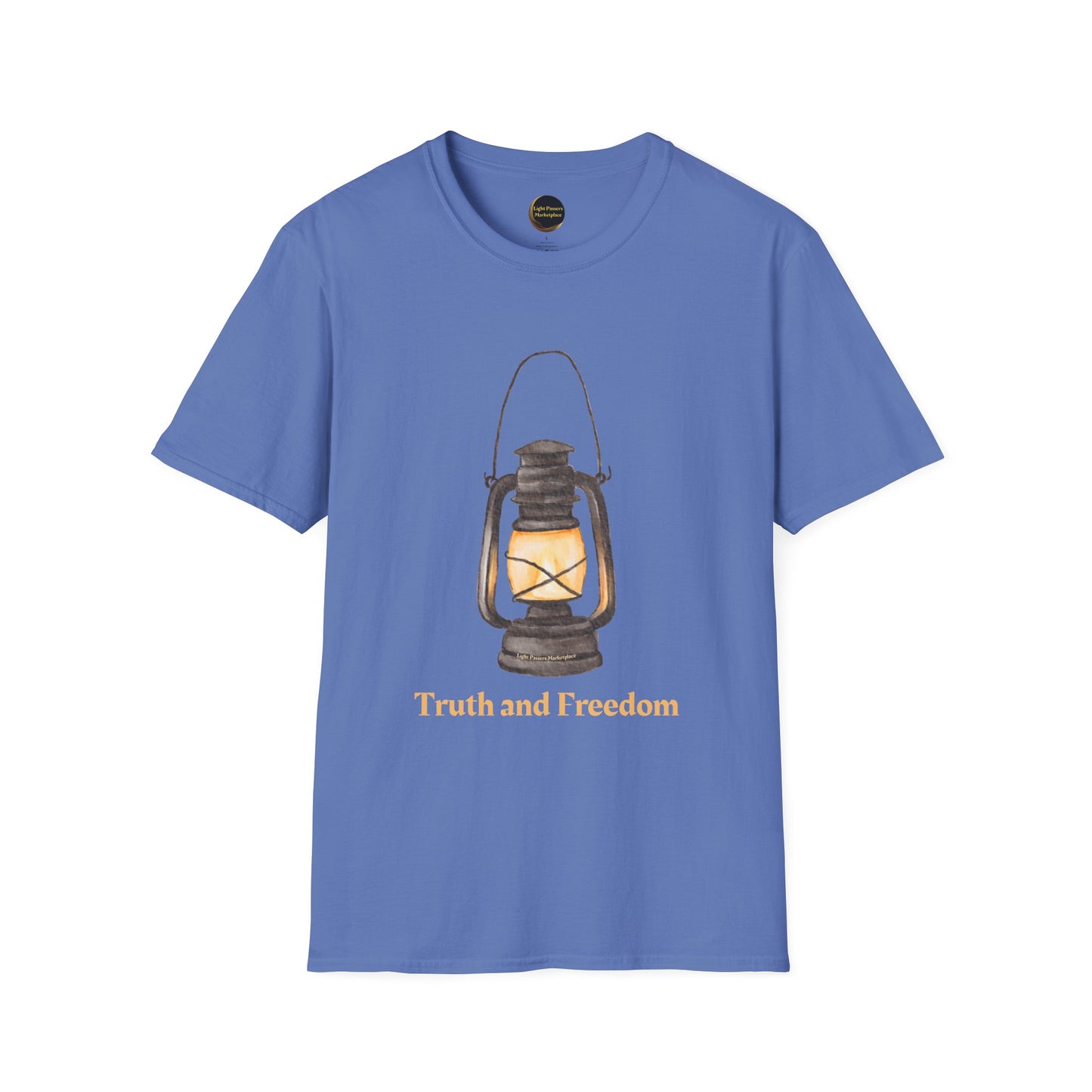 Unisex T-shirt with vintage lantern design and 'Truth and Freedom' text, ideal for everyday wear, from Light Passers Marketplace.