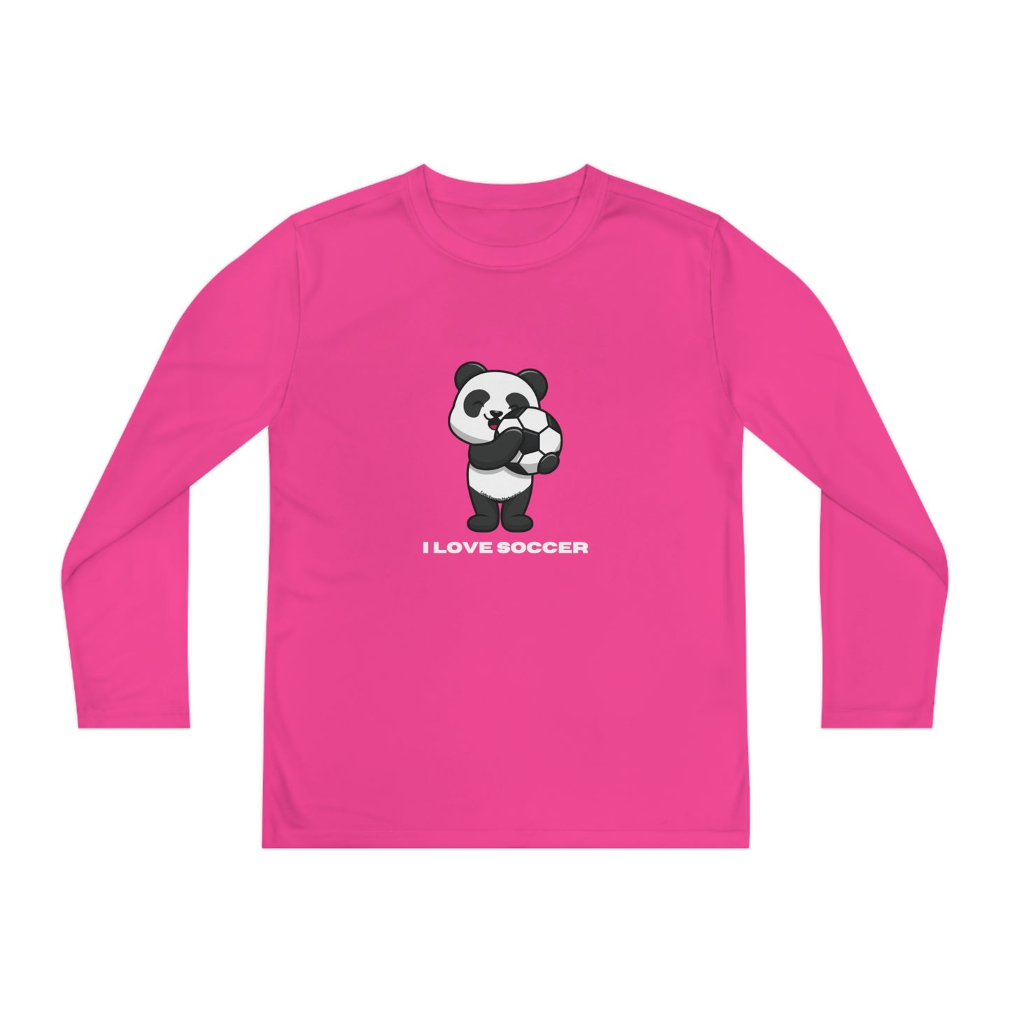 Youth Long Sleeve - Panda Says I Love Soccer features a panda holding a football, ideal for young soccer fans, crafted from lightweight, moisture-wicking polyester.