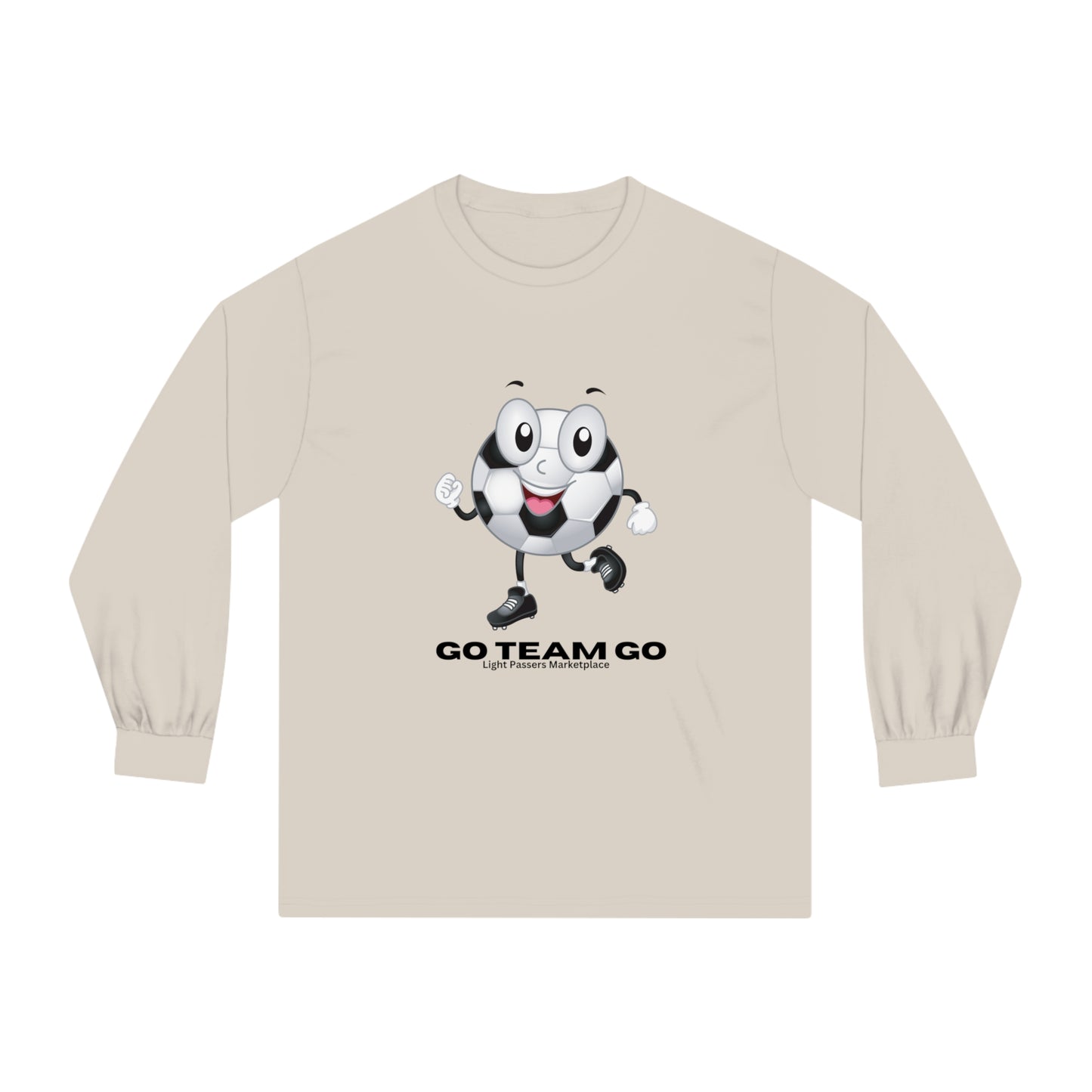 Unisex long sleeve t-shirt featuring a cartoon soccer ball design, ideal for sports enthusiasts, with durable stitching and a classic fit.