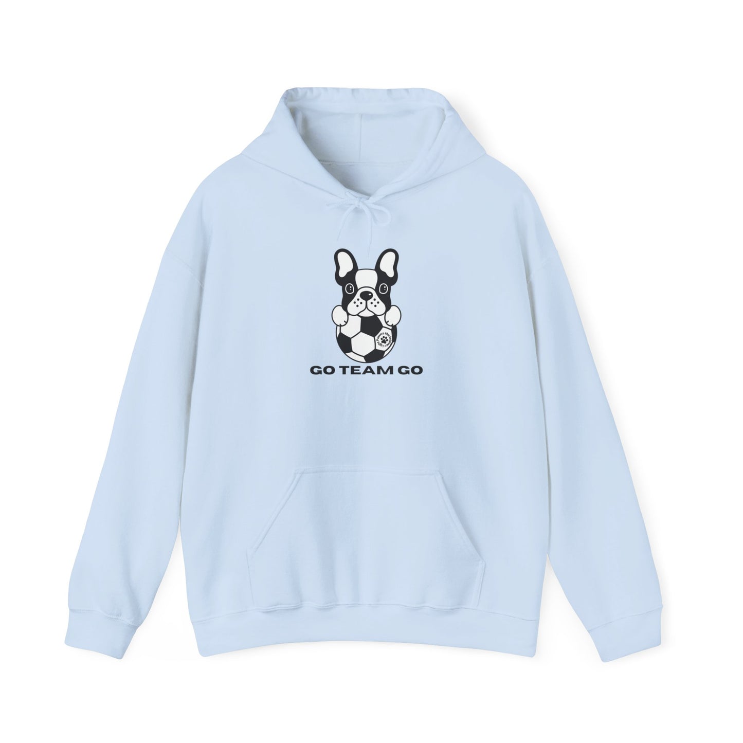 Teams Soccer Dog Adult Unisex Hoodie featuring a dog with a football, light blue, cozy cotton-polyester blend, kangaroo pocket, color-matched drawstring, and classic fit.