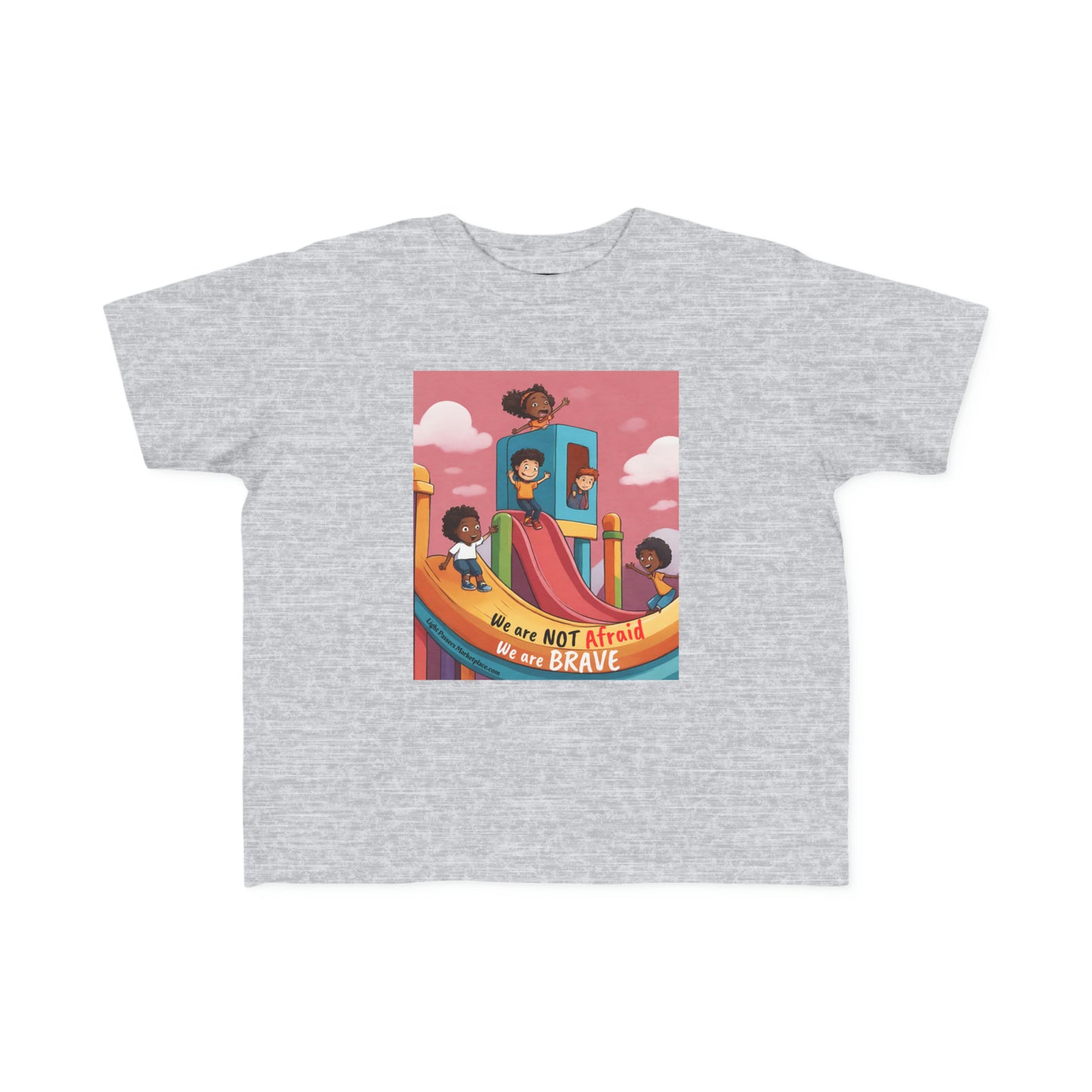 A Brave Toddler T-shirt featuring cartoon characters, ideal for sensitive skin. Made of 100% combed cotton, light fabric, durable print, tear-away label, classic fit, true to size.