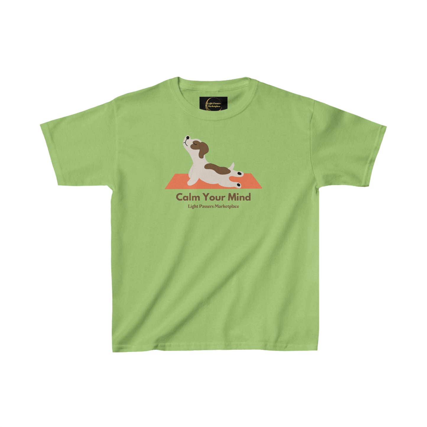 A green youth t-shirt featuring a calm dog design. Made of 100% cotton with twill tape shoulders and ribbed collar for durability. Ethically sourced and Oeko-Tex certified for quality.