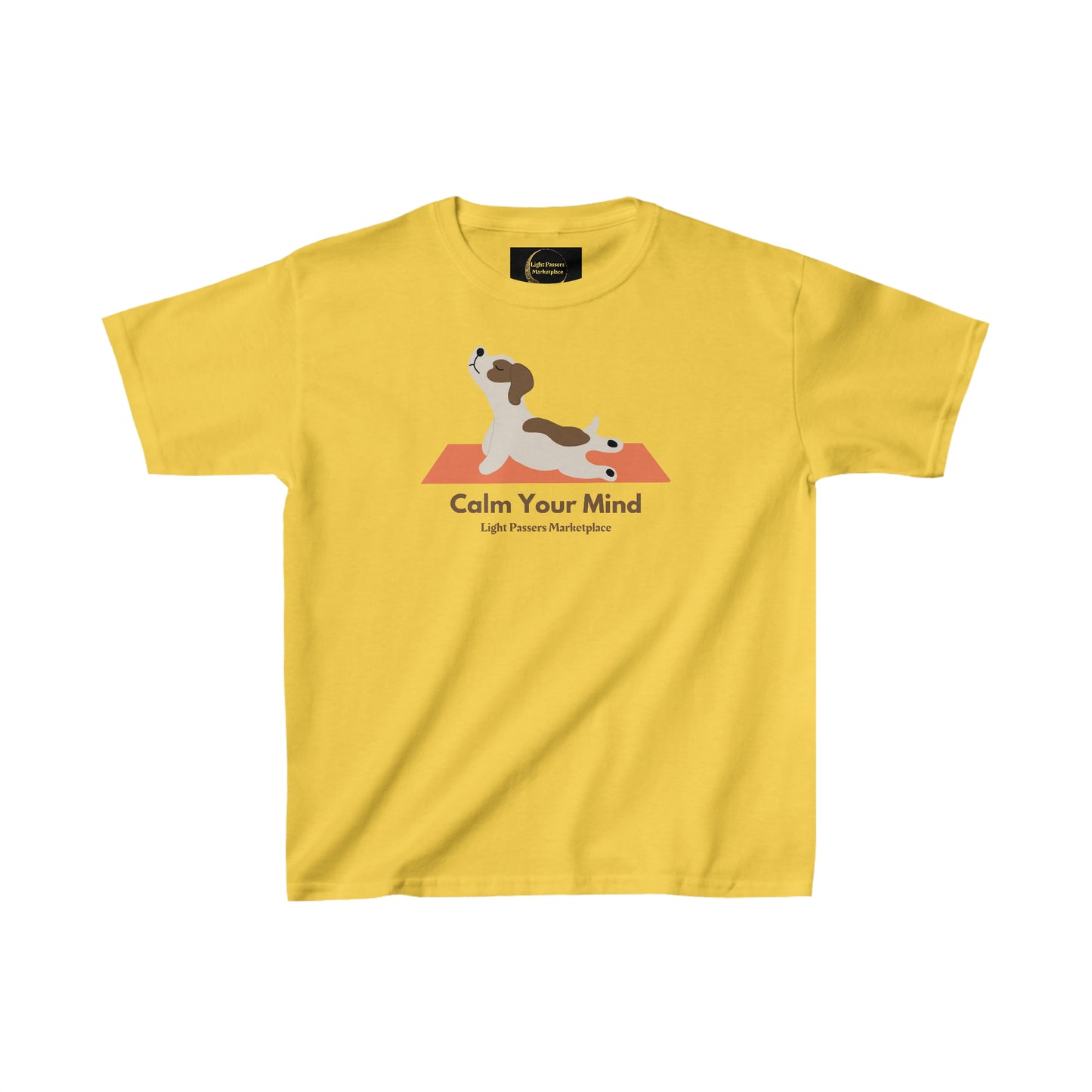 Youth t-shirt featuring a calm dog design, ideal for everyday wear. Made of 100% cotton with twill tape shoulders and ribbed collar for durability. Ethically sourced US cotton, tear-away labels for comfort.