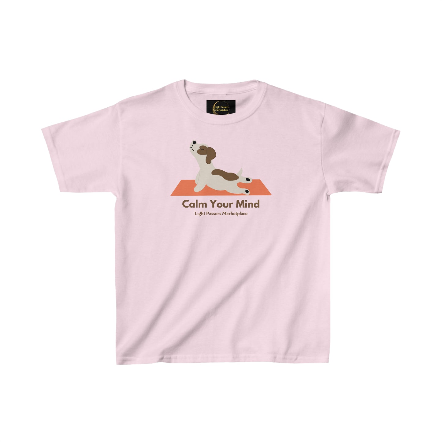 Youth t-shirt featuring a calm dog design, ideal for daily wear. Made of 100% cotton with twill tape shoulders and ribbed collar for durability and comfort. Ethically sourced and Oeko-Tex certified.