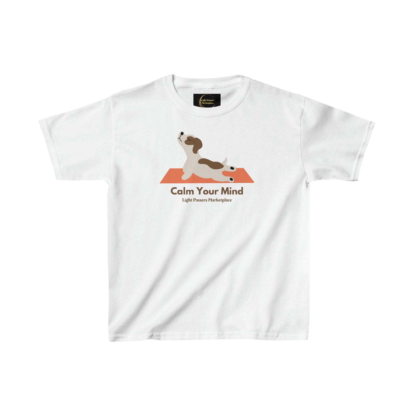 Youth white t-shirt featuring a calm dog design. Made of 100% cotton for solid colors, with twill tape shoulders and ribbed collar for durability. Ethically sourced US cotton, tear-away labels for comfort.