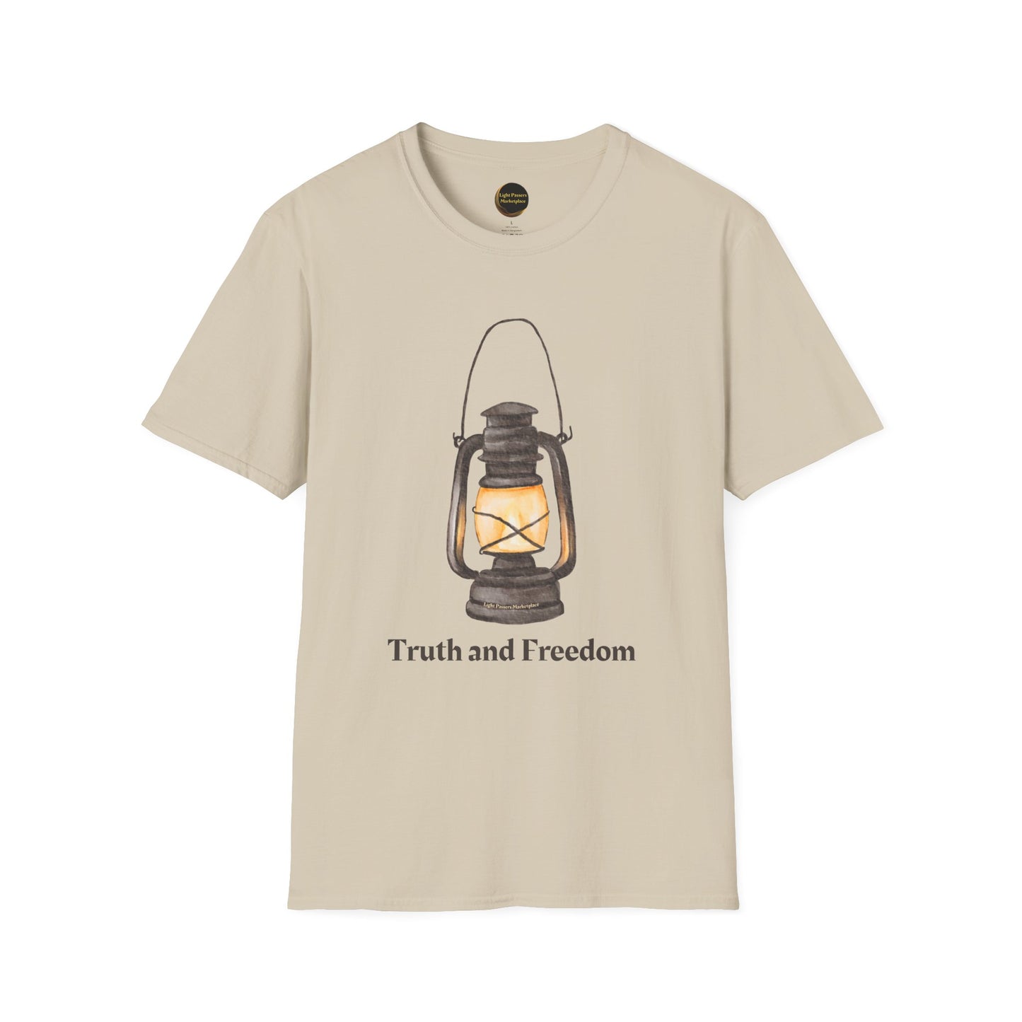 The Light 'Truth and Freedom' Lantern Adult Unisex T-shirt features a vintage lantern design with an inspiring message, perfect for everyday wear.