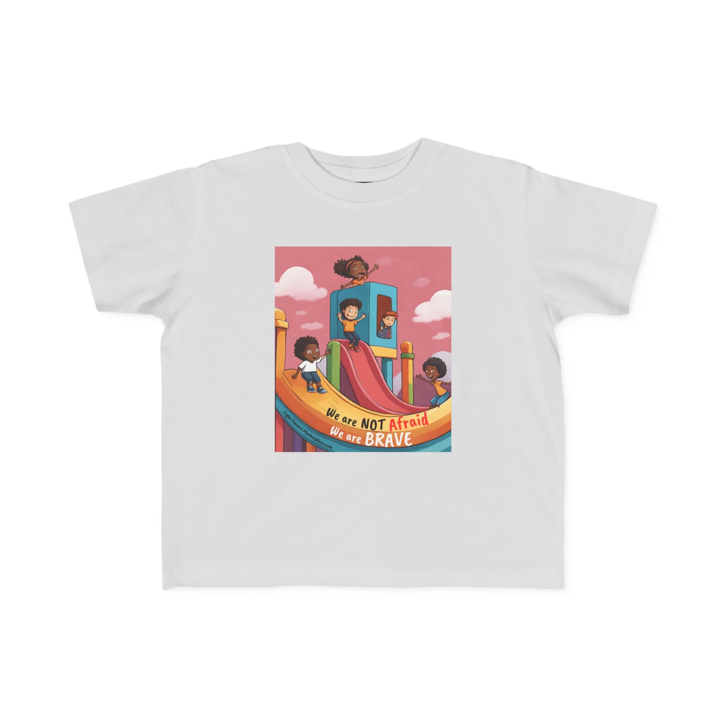 A white toddler t-shirt featuring cartoon characters, perfect for sensitive skin. Made of 100% combed cotton, light fabric, durable print, tear-away label, and a classic fit.