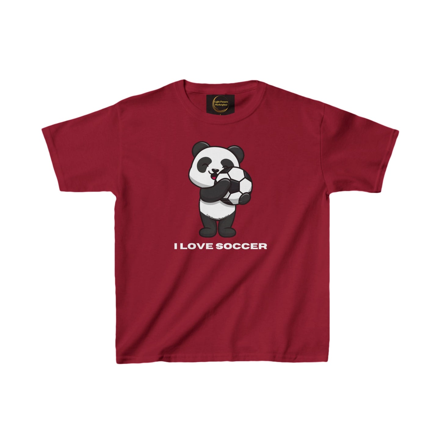 Teams Panda I Love Soccer Youth T-shirt featuring a cartoon panda holding a soccer ball, designed for soccer fans, made from 100% midweight US cotton.