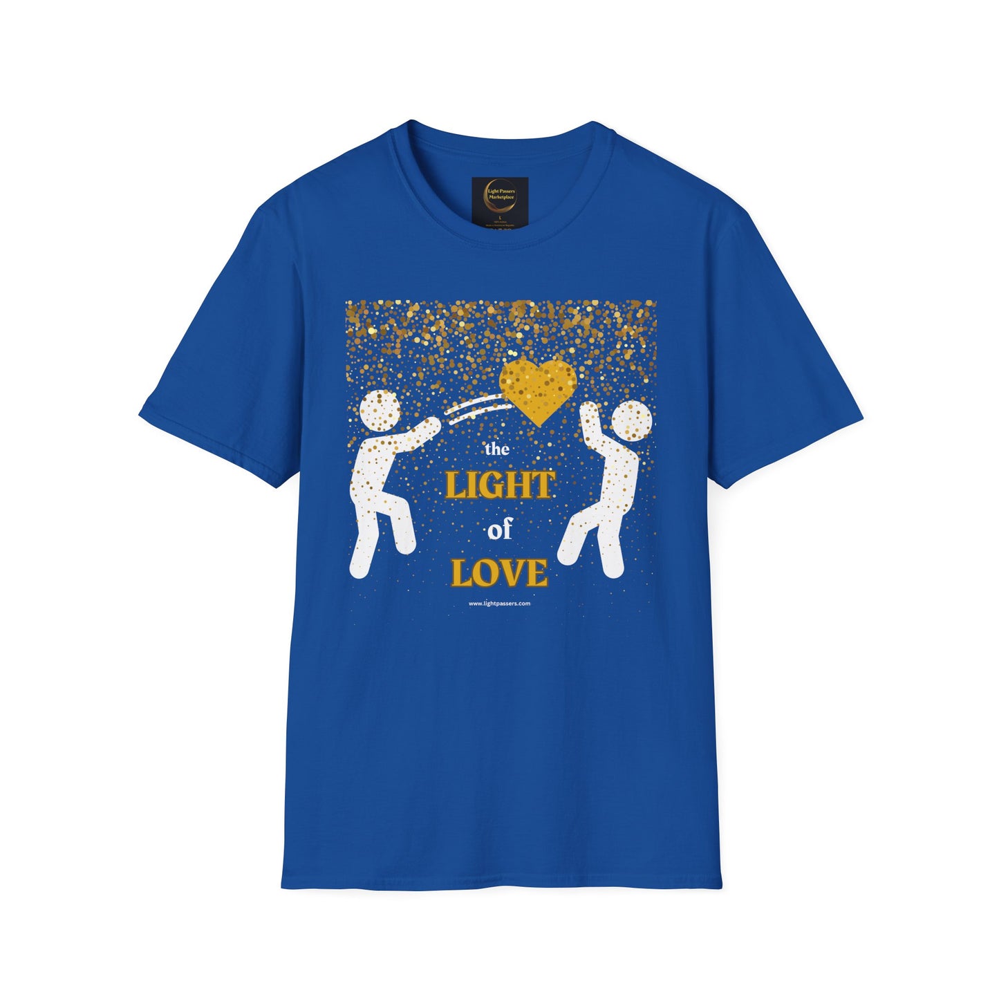 Light Love and Peace Gold Heart Adult Unisex T-Shirt featuring a blue design with white and gold elements, emphasizing comfort and durability, suitable for casual wear.