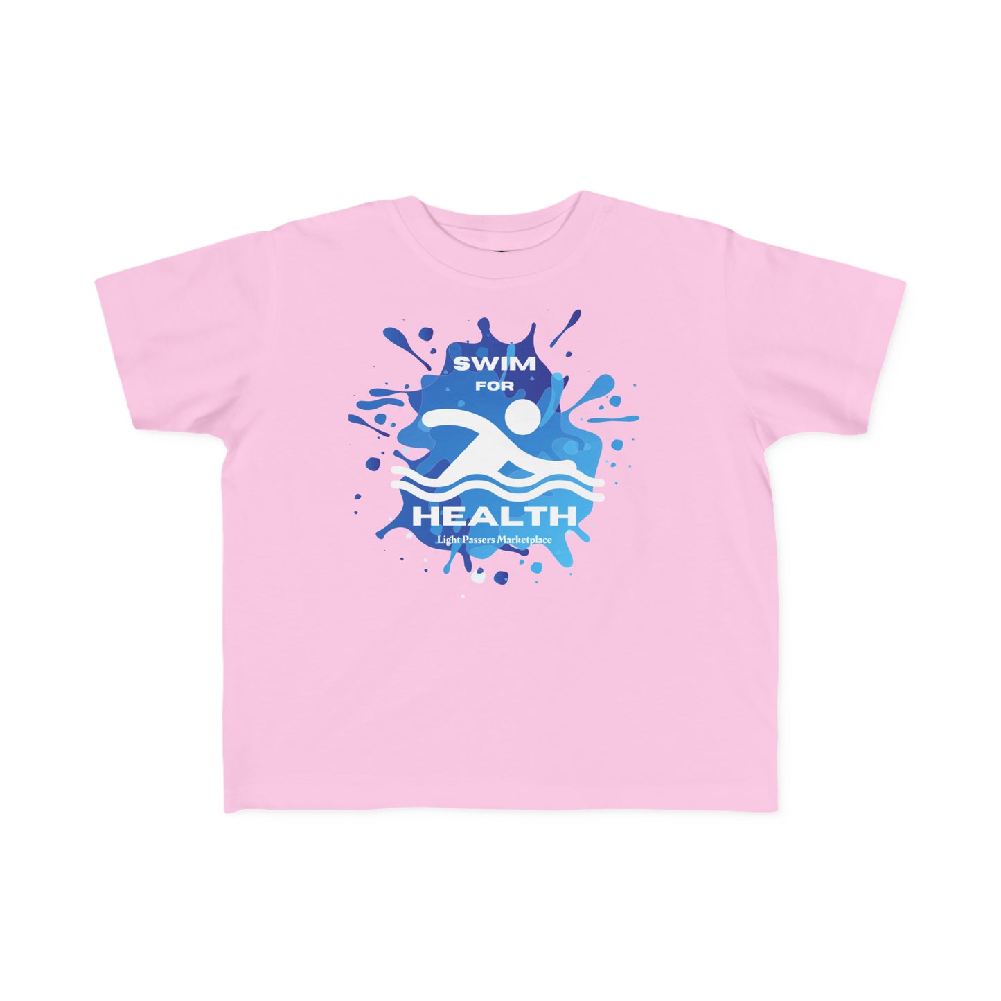 A toddler's Swim for Health T-shirt featuring a pink shirt with a logo, blue and white graphics, and splashes of paint. Soft, durable 100% combed cotton tee for sensitive skin.