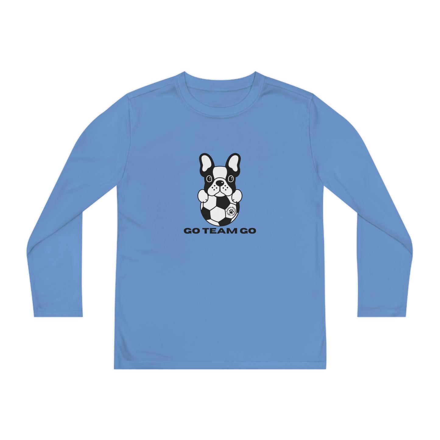 Youth Long Sleeve Soccer Dog Go Team Go featuring a playful dog with a football, moisture-wicking polyester, perfect for young soccer enthusiasts.