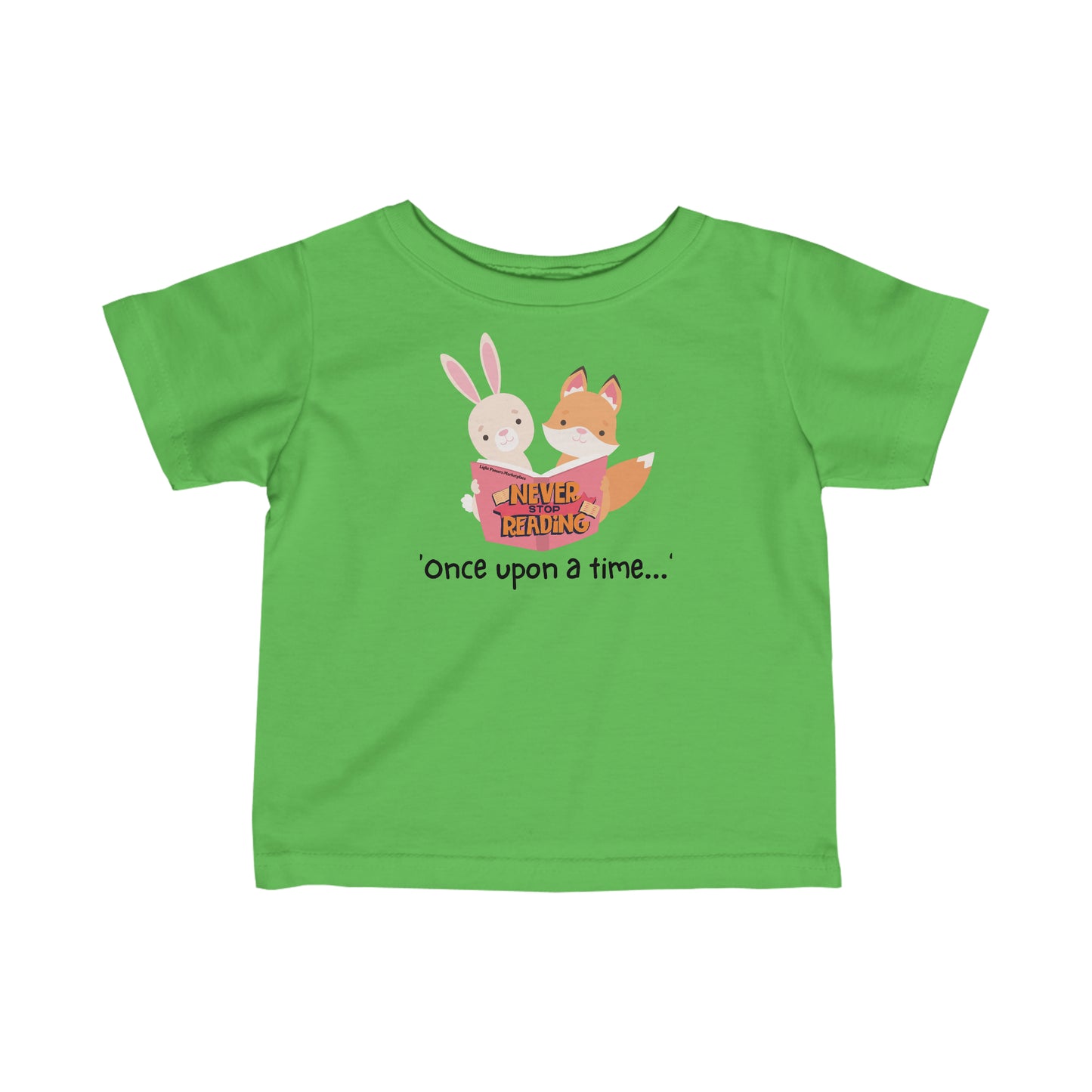A green baby T-shirt featuring a cartoon rabbit and fox reading a book, emphasizing comfort and durability with side seams, ribbed knitting, and taped shoulders for a classic fit.