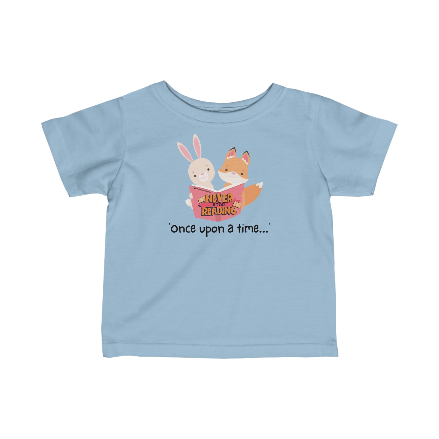 Infant fine jersey tee with a cartoon fox and rabbit reading a book. Side seams, ribbed knitting, and taped shoulders for durability and comfort. 100% Combed ringspun cotton. Classic fit.