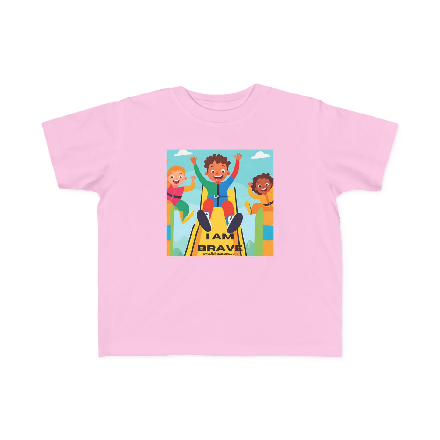 A toddler's pink tee featuring cartoon characters on a slide, embodying bravery and fun. Made of soft, durable 100% combed cotton, perfect for sensitive skin. Classic fit, tear-away label, and lightweight fabric.