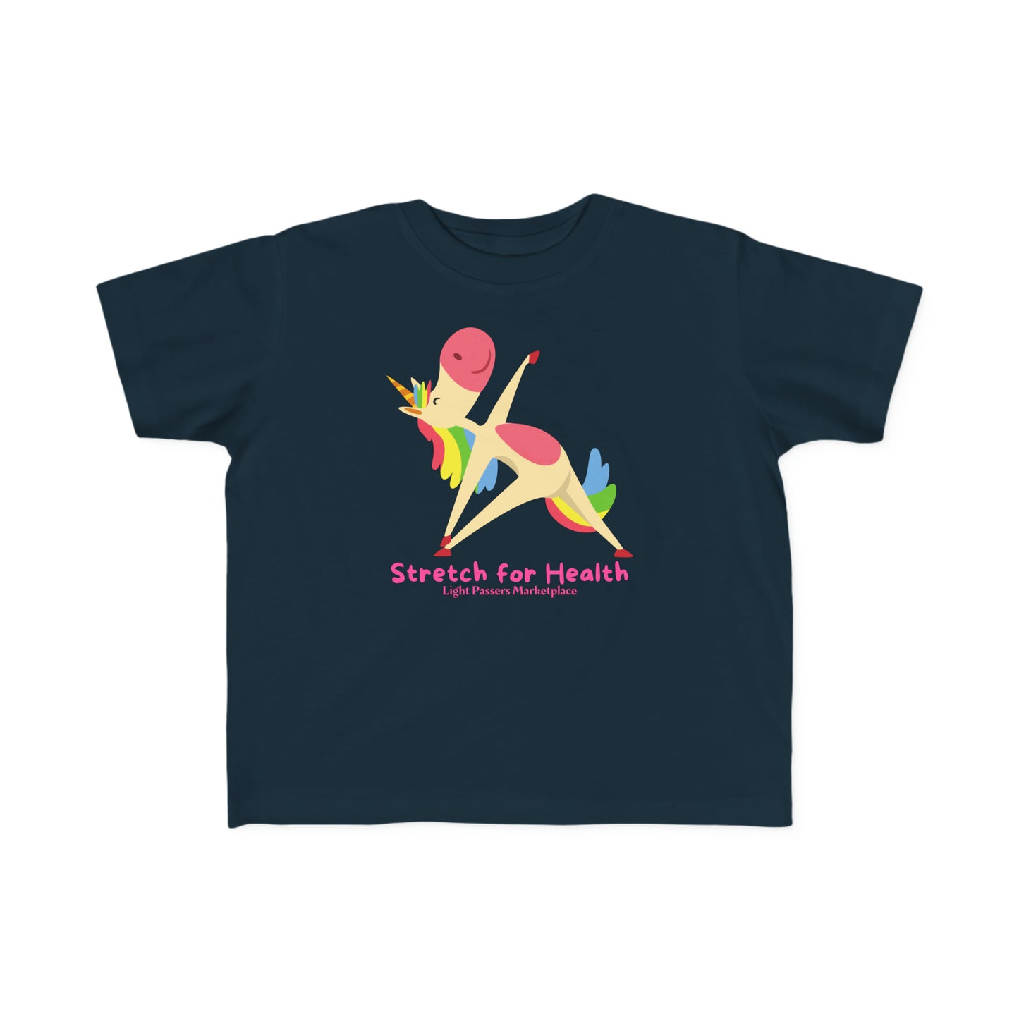A toddler's Unicorn Stretch Yoga T-shirt featuring a cartoon unicorn design on a blue tee. Made of soft, durable cotton for sensitive skin, with a tear-away label and a classic fit.