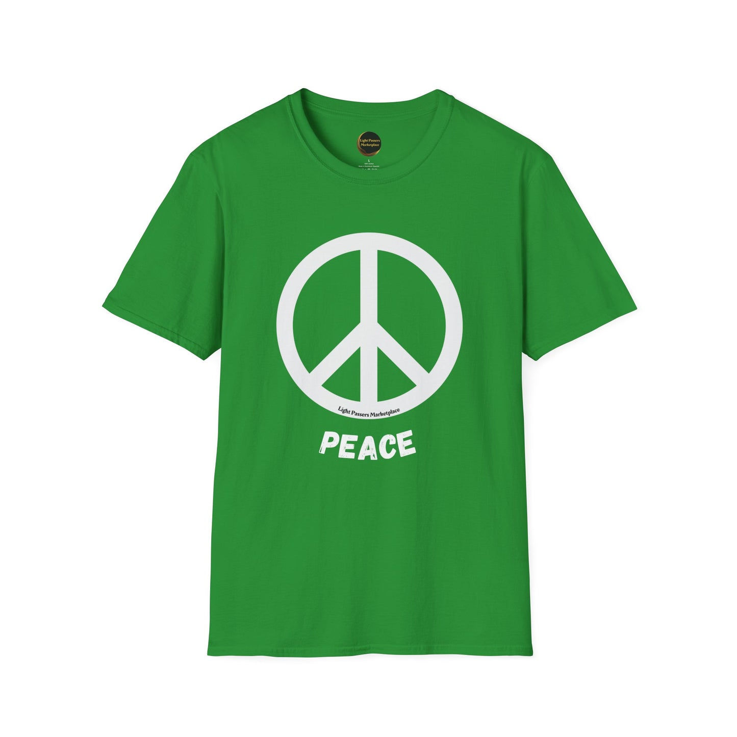 Love and Peace T-Shirt: Green unisex soft-style shirt with a white peace sign, featuring durable, ribbed collar and twill-taped shoulders for comfort.