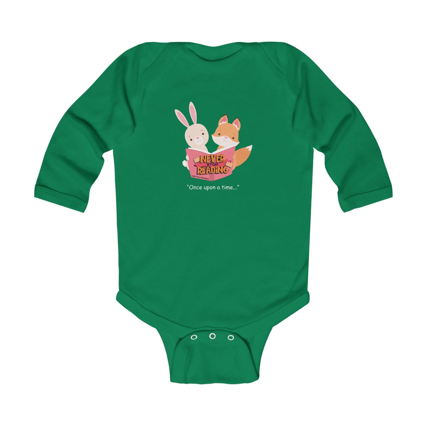 Never Stop Reading Long Sleeve Baby Bodysuit featuring a cartoon fox and rabbit reading a book, with durable ribbed knitting and easy-change snaps.