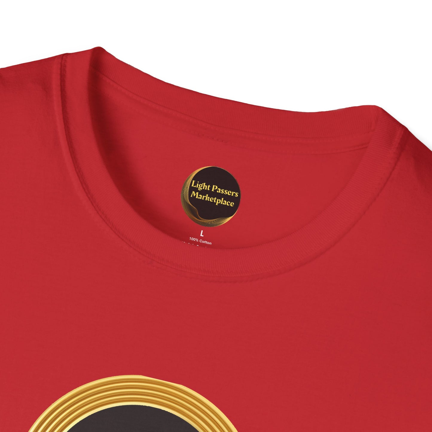 Red crew-neck T-shirt with Light Passers Marketplace label, size L. Features a gold circular graphic and unity message for adults. Made from 100% cotton.