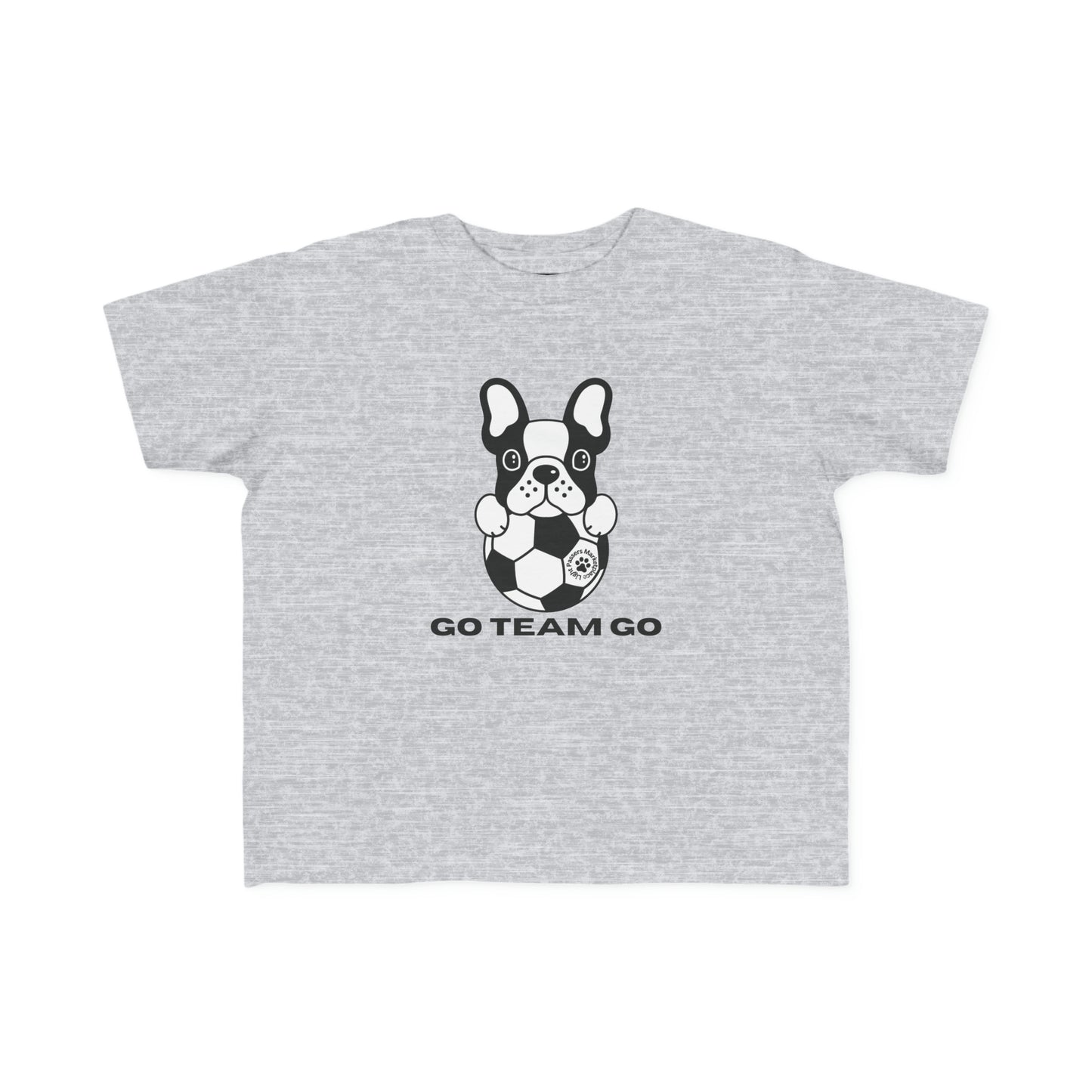 A toddler's Soccer Dog Go Team Go t-shirt featuring a black and white dog with a football, made of soft, durable cotton with a high-quality print.