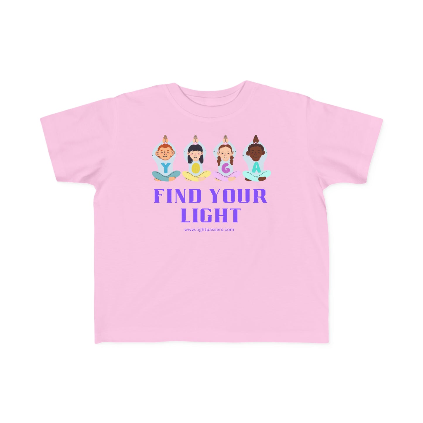 A toddler's pink t-shirt featuring cartoon characters in yoga poses. Made of soft, 100% combed cotton, with a durable print and tear-away label. Ideal for little ones' sensitive skin.