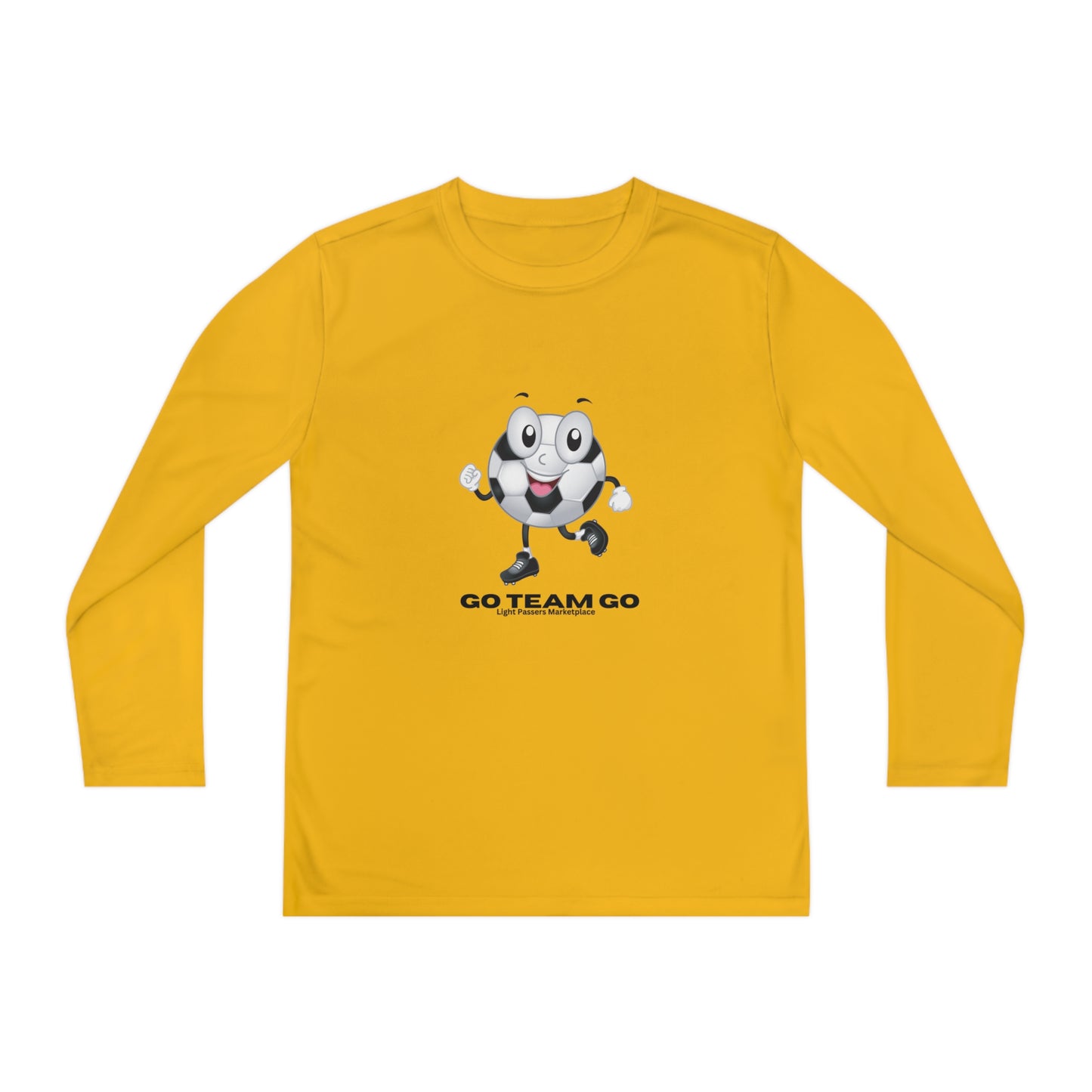 Youth Long Sleeve featuring Soccer Ball Guy design, perfect for young sports fans. Moisture-wicking polyester, lightweight, athletic fit, ideal for cheering at soccer events.