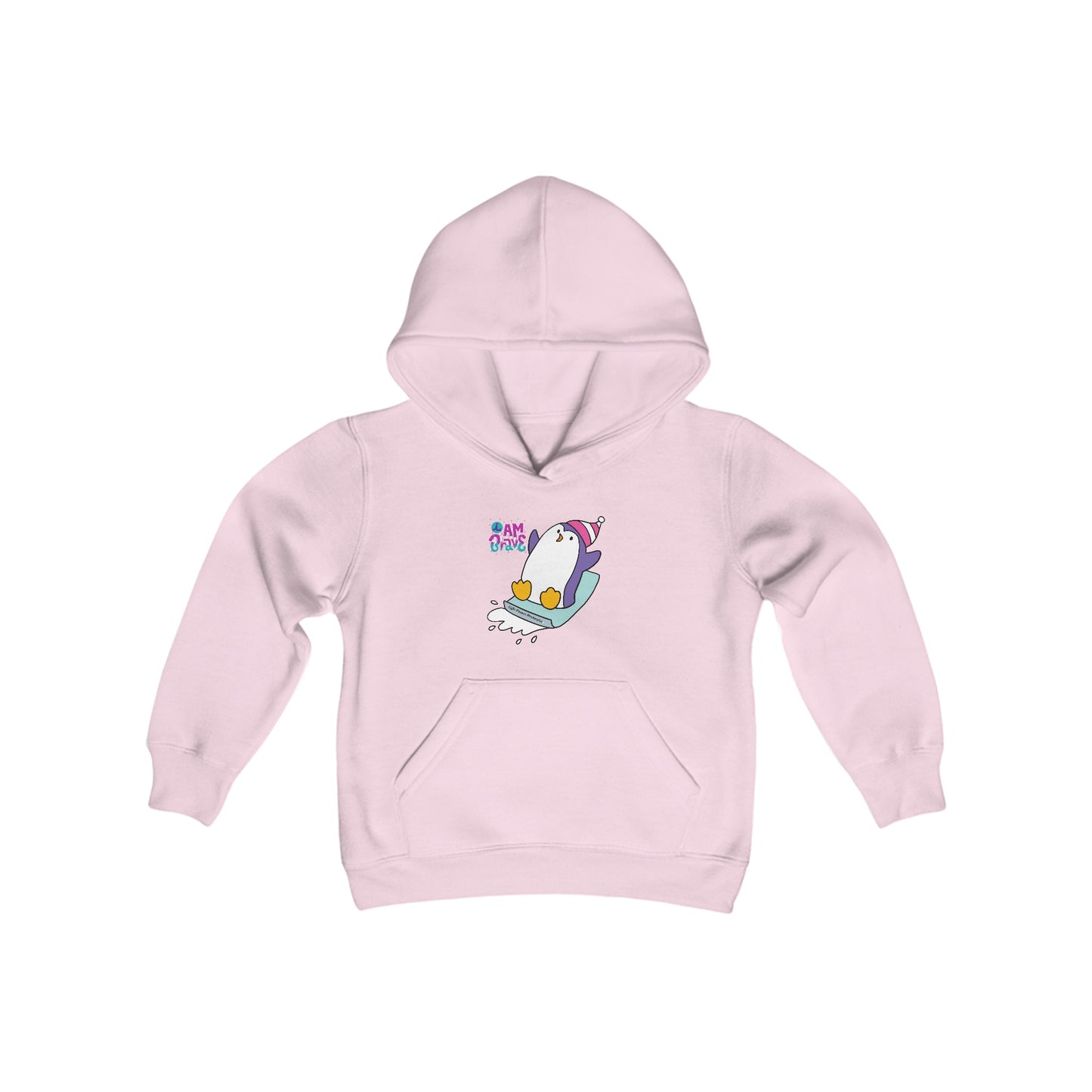 Brave Penguin Youth Hoodie featuring a cartoon penguin. Includes a spacious kangaroo pouch pocket, ideal for stylish comfort and outdoor adventures.