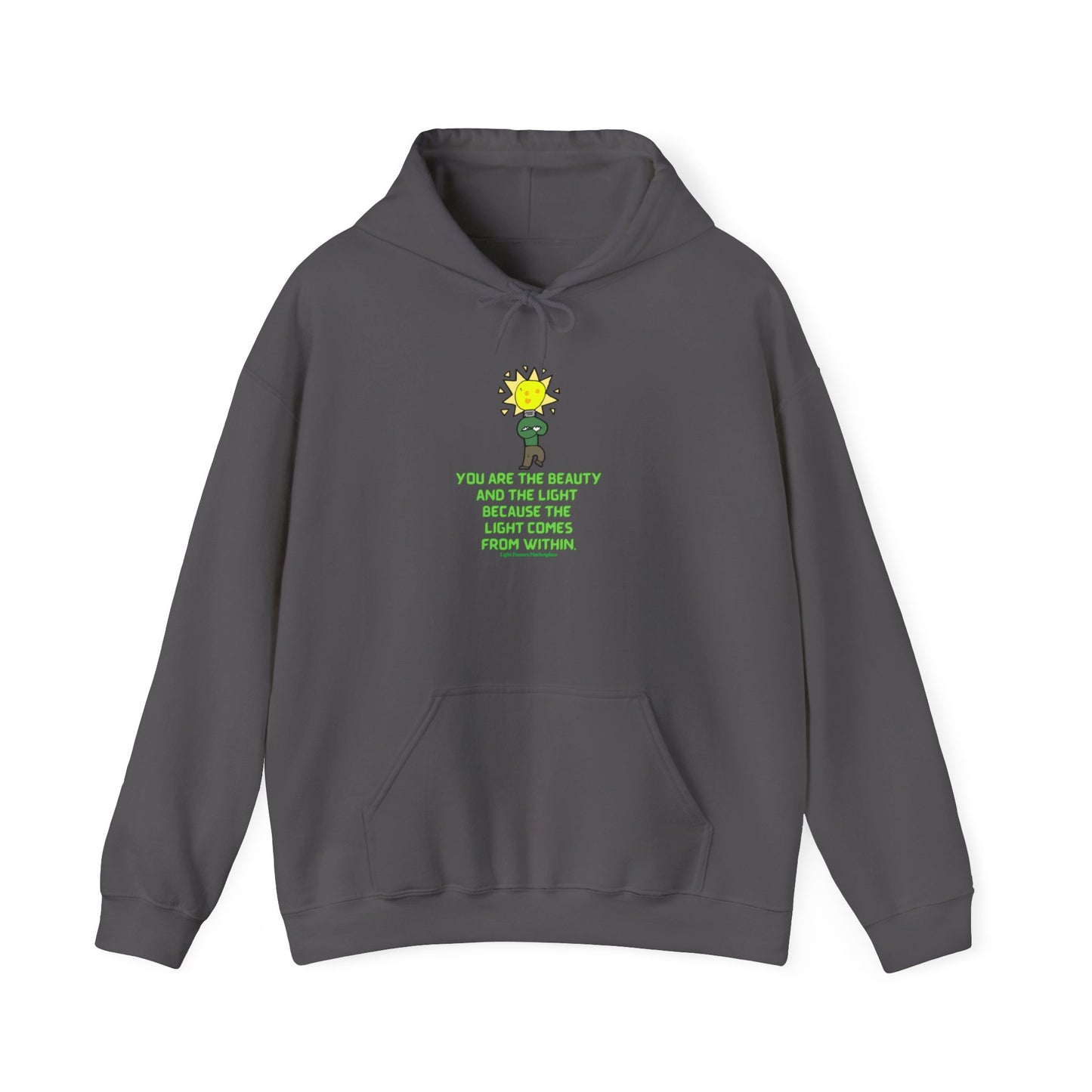 The Light You are the Beauty Flower Adult Unisex Hoodie featuring a cartoon character with a light bulb and yellow flower on a grey sweatshirt.