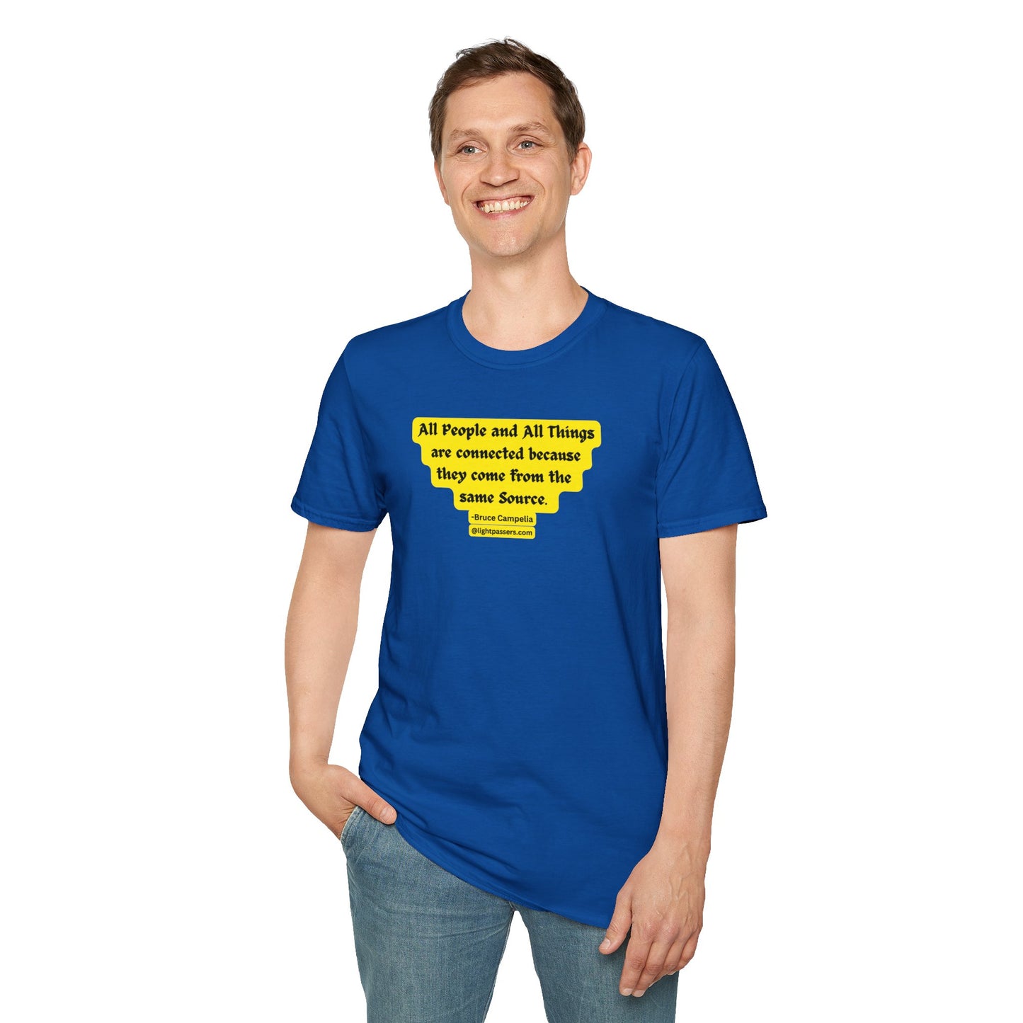 A person in a blue shirt and jeans, smiling, with hands in pockets, showcasing the All People are Connected Yellow design Unisex T-shirt.