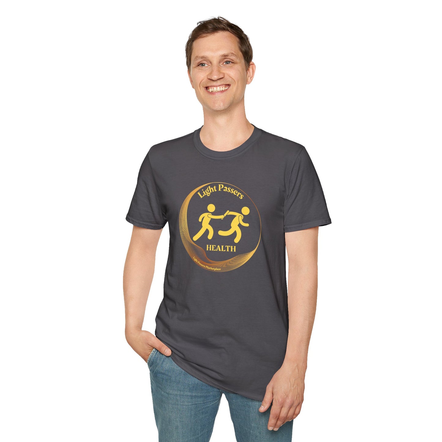 A man smiling in a grey t-shirt with a yellow logo, showcasing the Light Passers Relay Health Logo Unisex T-Shirt. Made of soft 100% ring-spun cotton, featuring twill tape shoulders for durability and a clean crew neckline. Ethically produced with tear-away label for comfort.